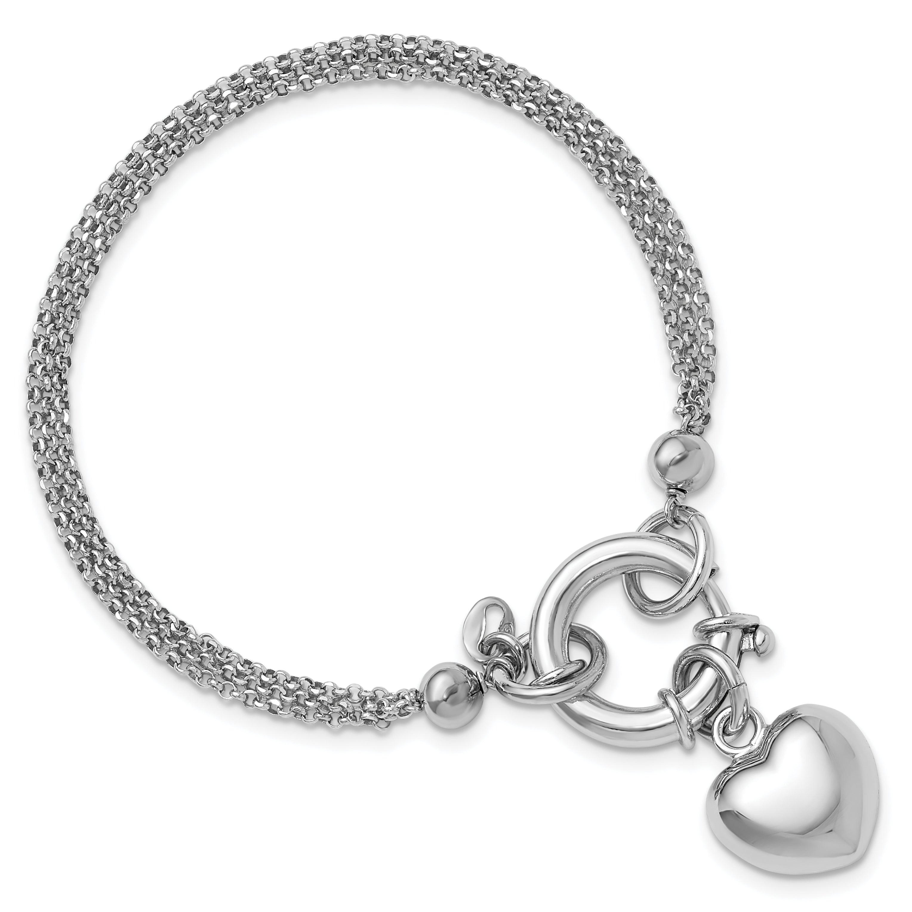 Sterling Silver Rhod-plated Polished Puff Heart Dangle 6.5in Bracelet