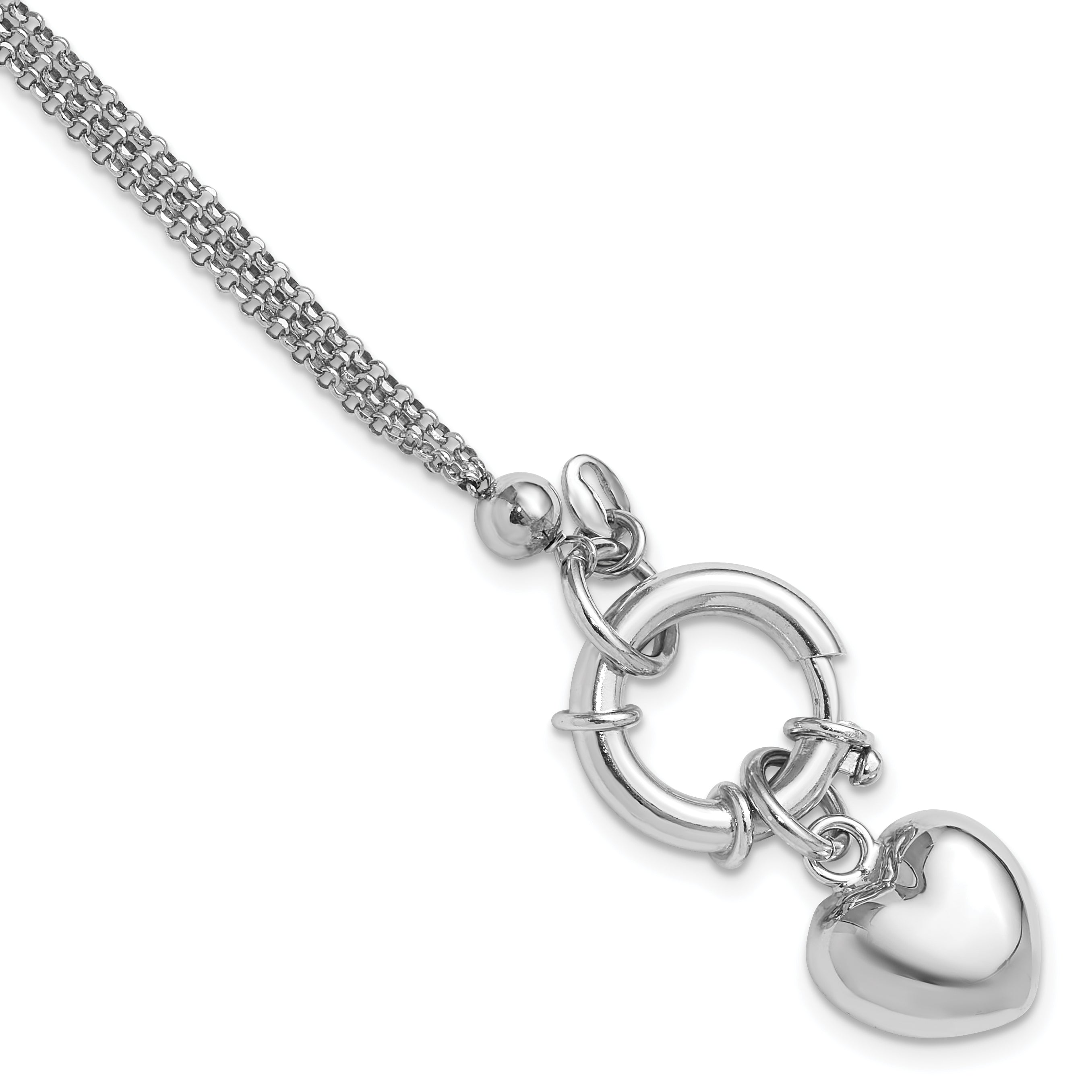 Sterling Silver Rhod-plated Polished Puff Heart Dangle 6.5in Bracelet