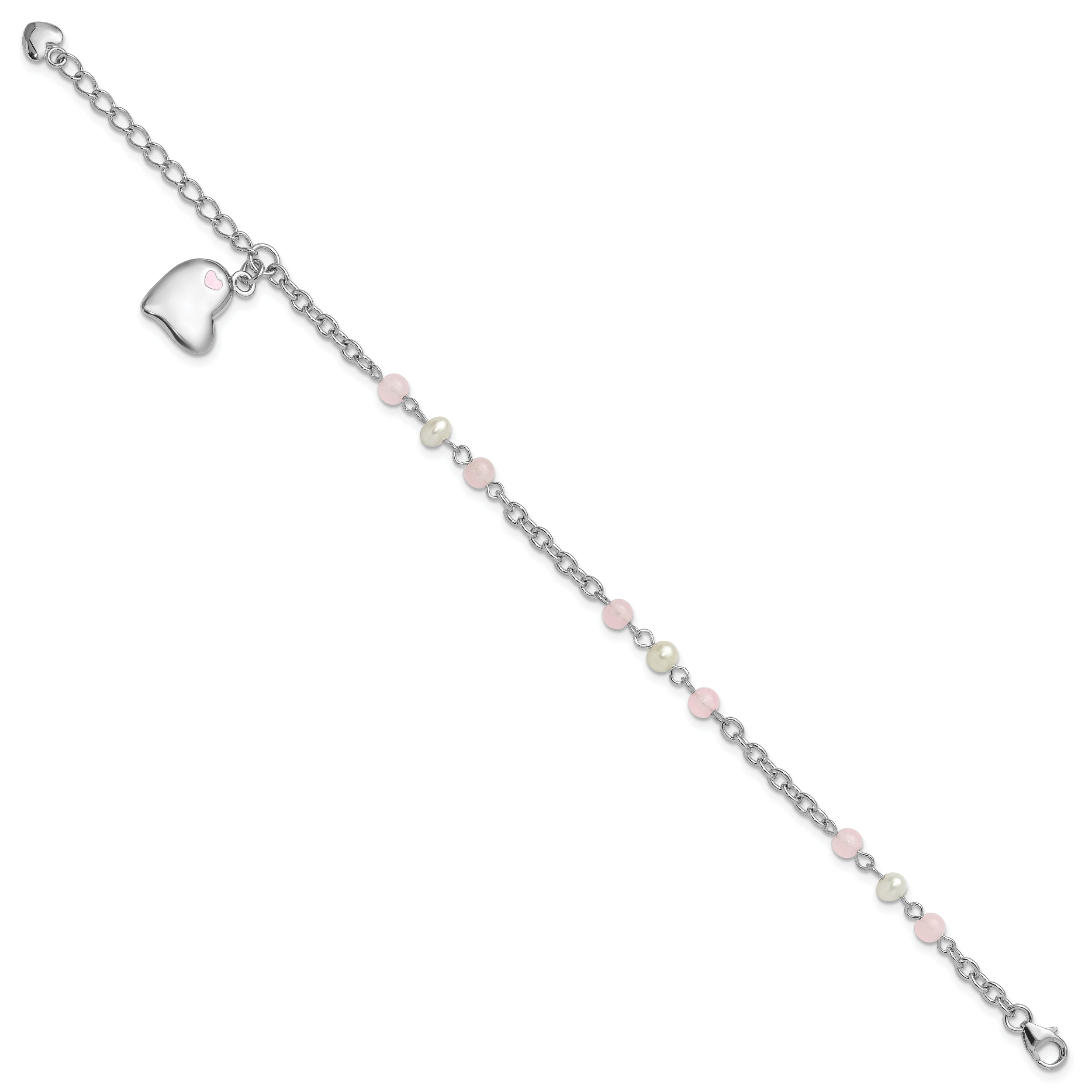 SS Rh-plated Crystal FWC Pearl Enamel Dangle Heart w/1 in. ext Bracelet