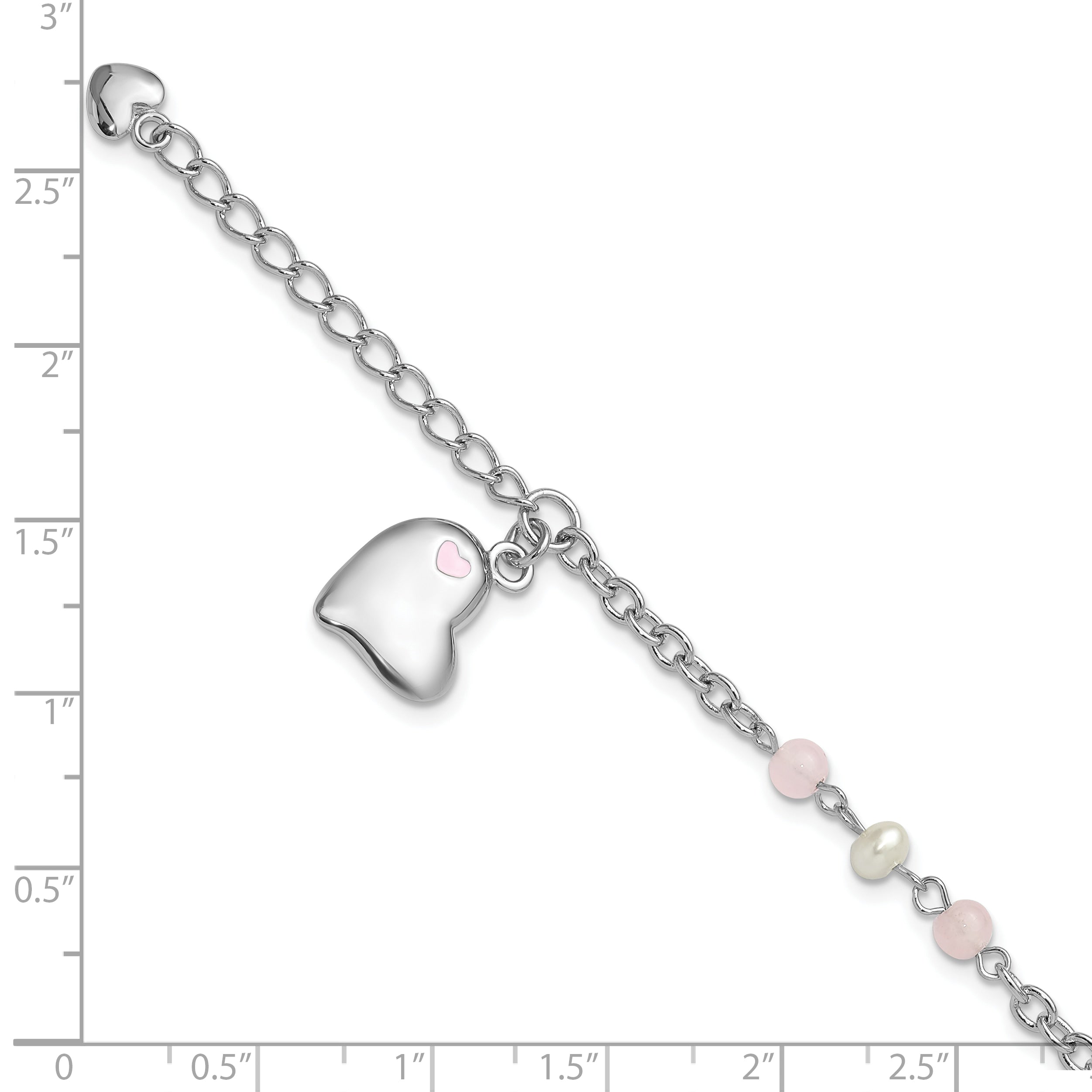 SS Rh-plated Crystal FWC Pearl Enamel Dangle Heart w/1 in. ext Bracelet