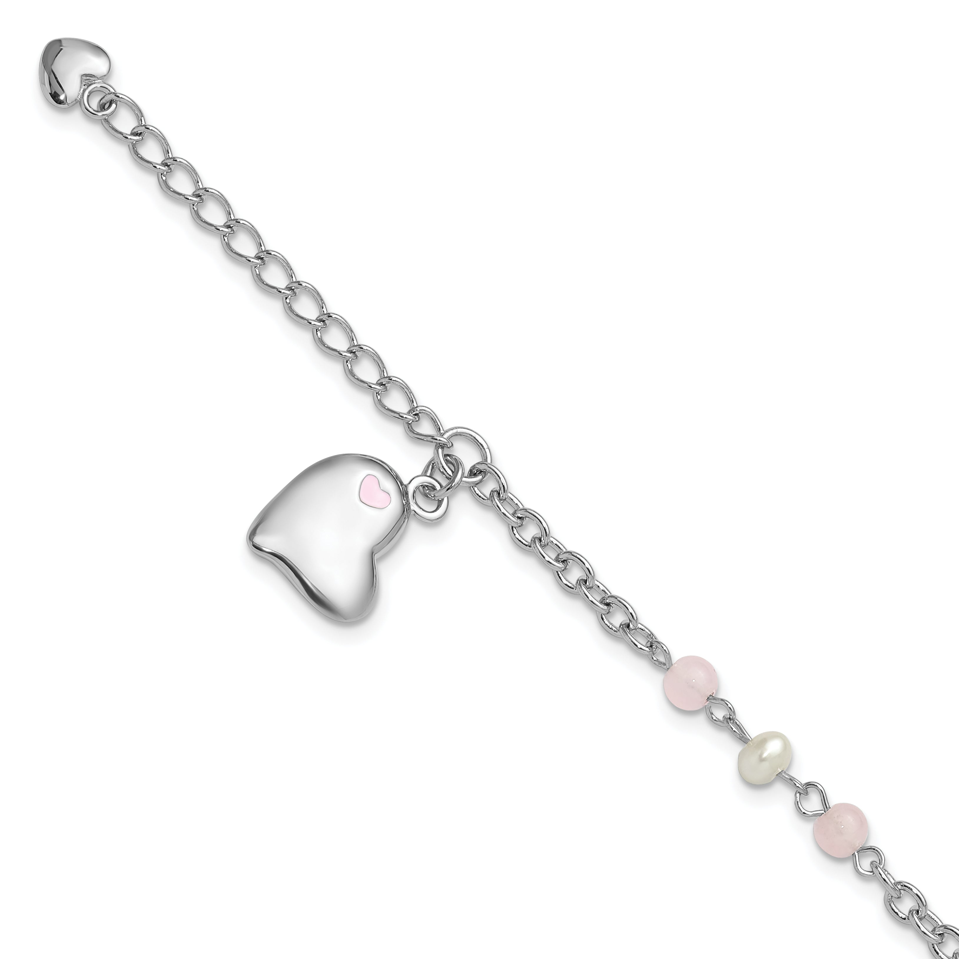 SS Rh-plated Crystal FWC Pearl Enamel Dangle Heart w/1 in. ext Bracelet