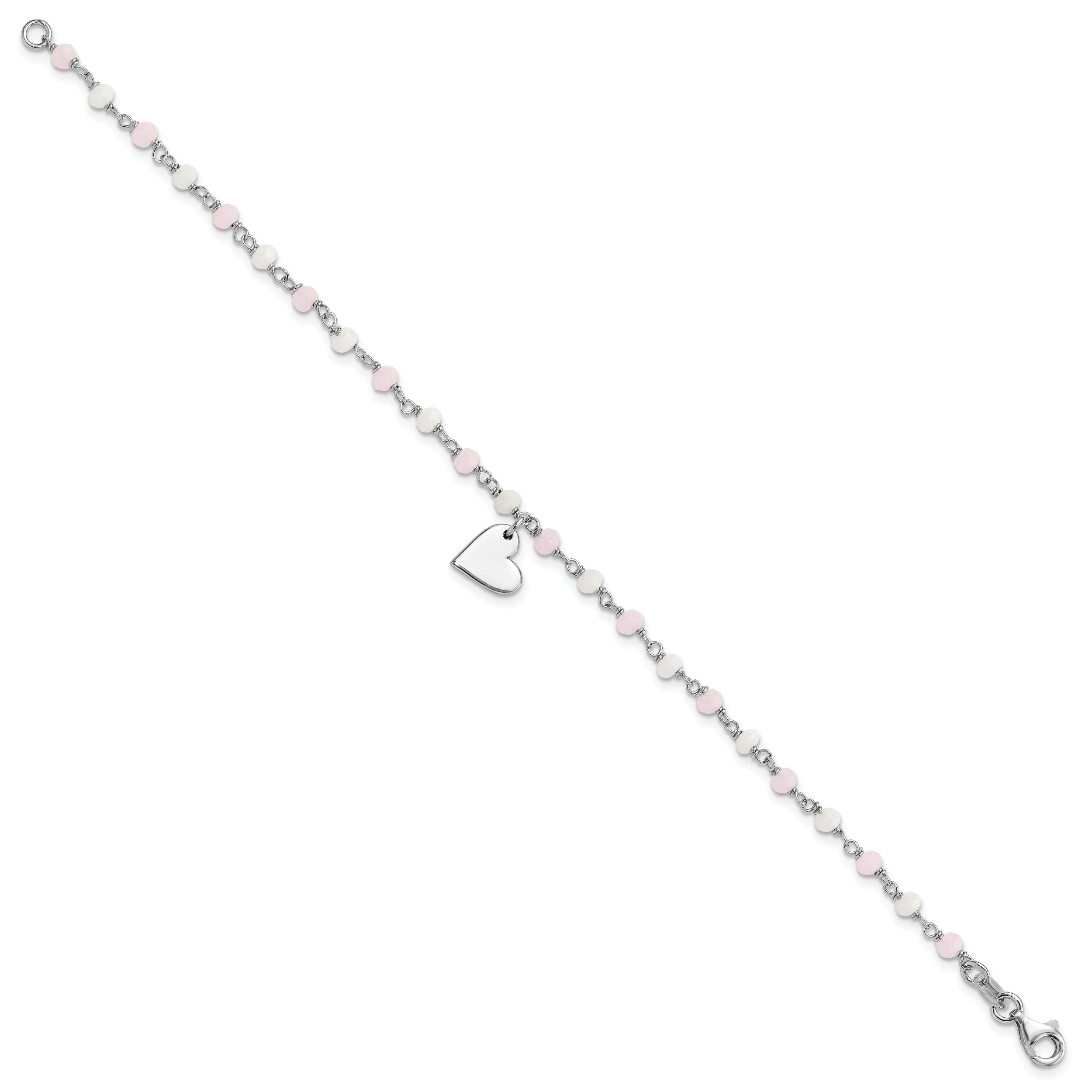 Sterling Silver Rhod-plated Heart Pink/White Glass Beads 7.5in Bracelet