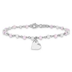 Sterling Silver Rhod-plated Heart Pink/White Glass Beads 7.5in Bracelet