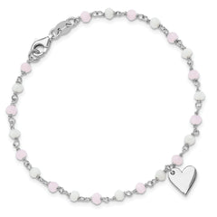 Sterling Silver Rhod-plated Heart Pink/White Glass Beads 7.5in Bracelet