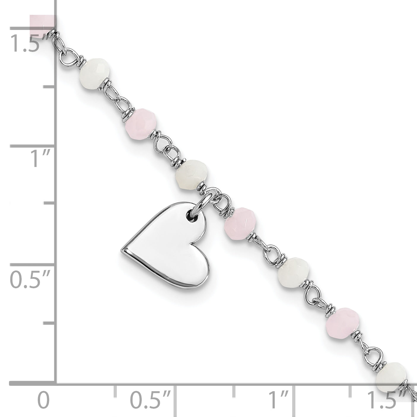 Sterling Silver Rhod-plated Heart Pink/White Glass Beads 7.5in Bracelet