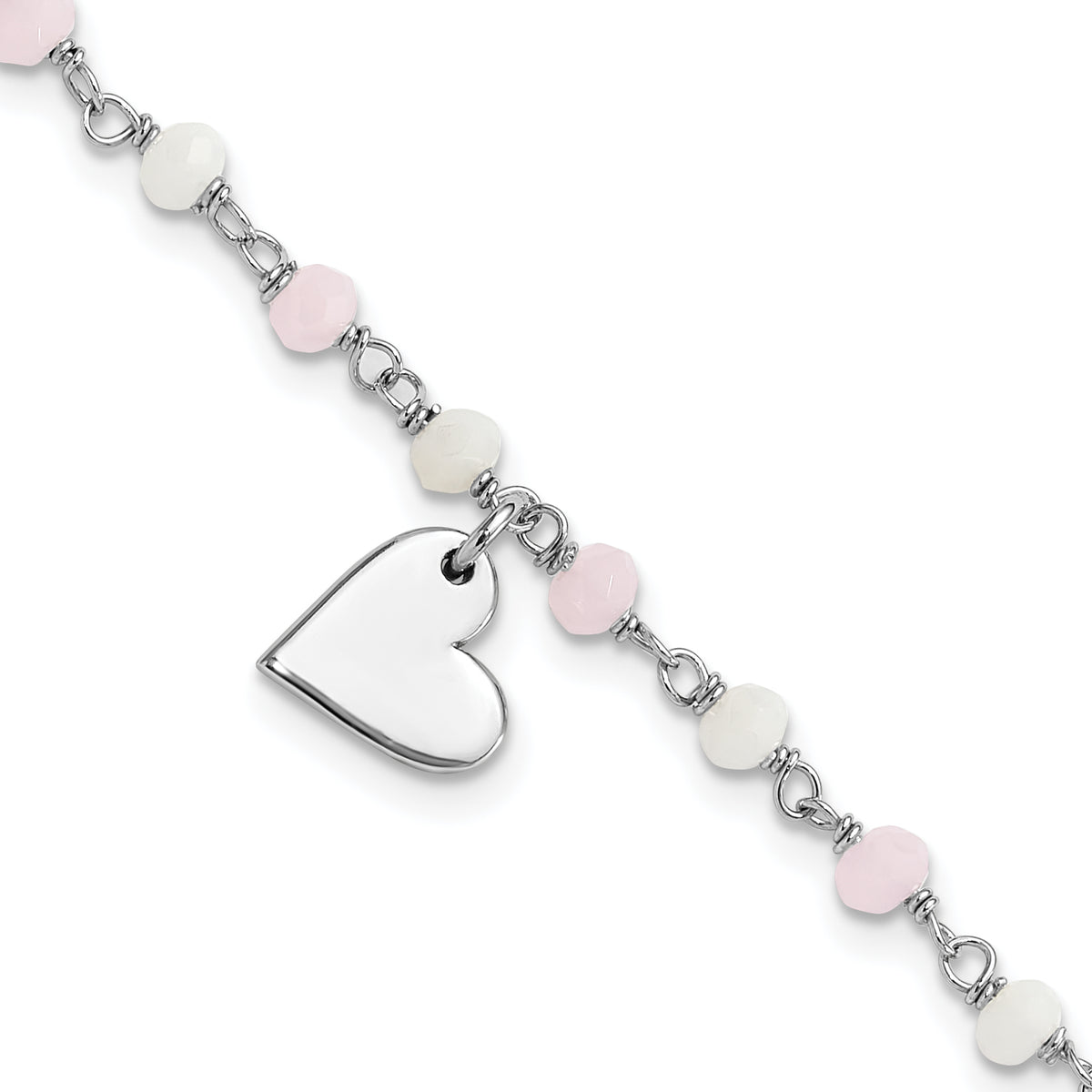 Sterling Silver Rhod-plated Heart Pink/White Glass Beads 7.5in Bracelet