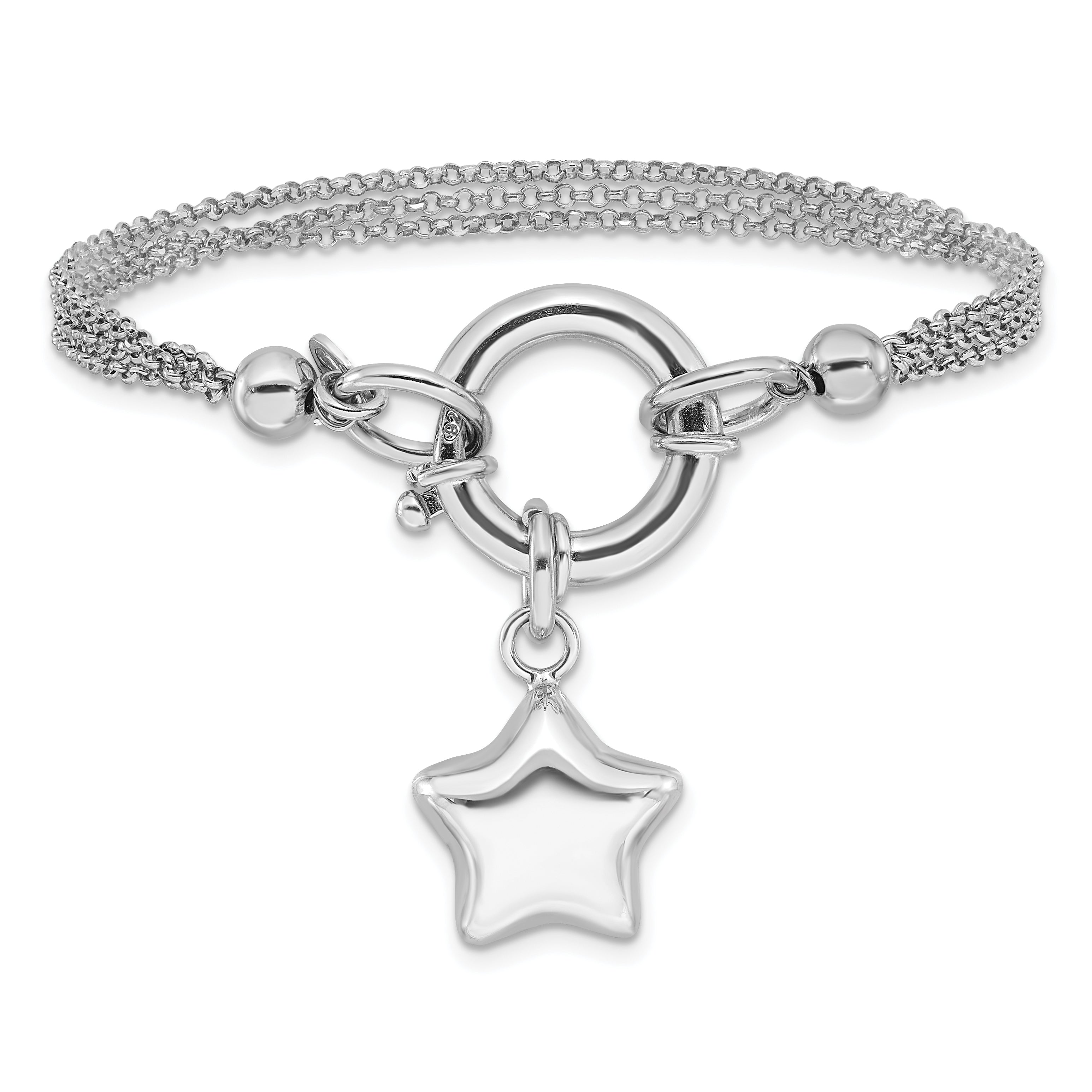 Sterling Silver Rhod-plated Polished Puffed Star Dangle 6.5in Bracelet