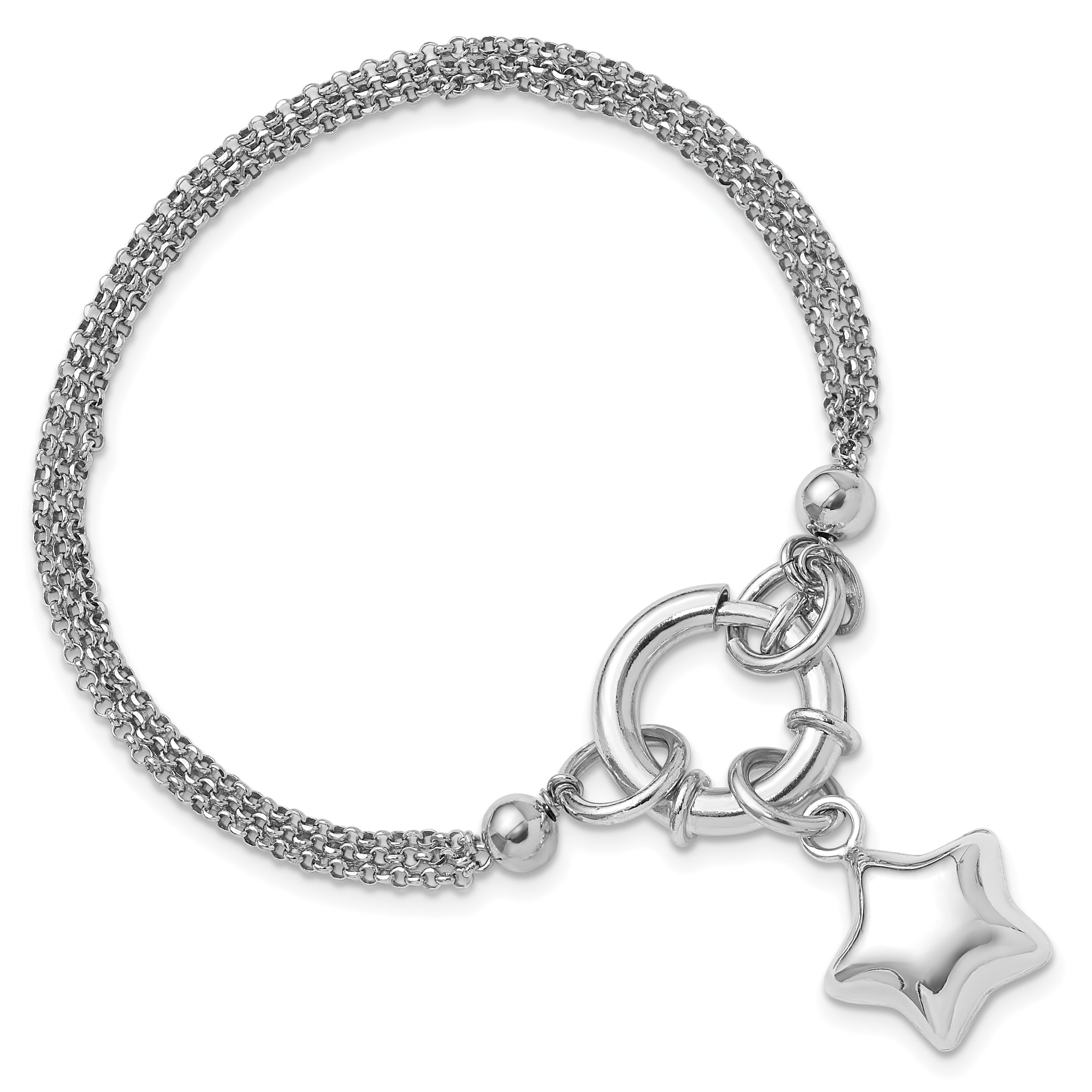 Sterling Silver Rhod-plated Polished Puffed Star Dangle 6.5in Bracelet