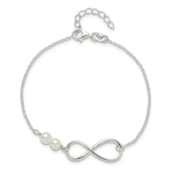 Sterling Silver Polished Simulated Pearls and Infinity with 1in ext Bracele