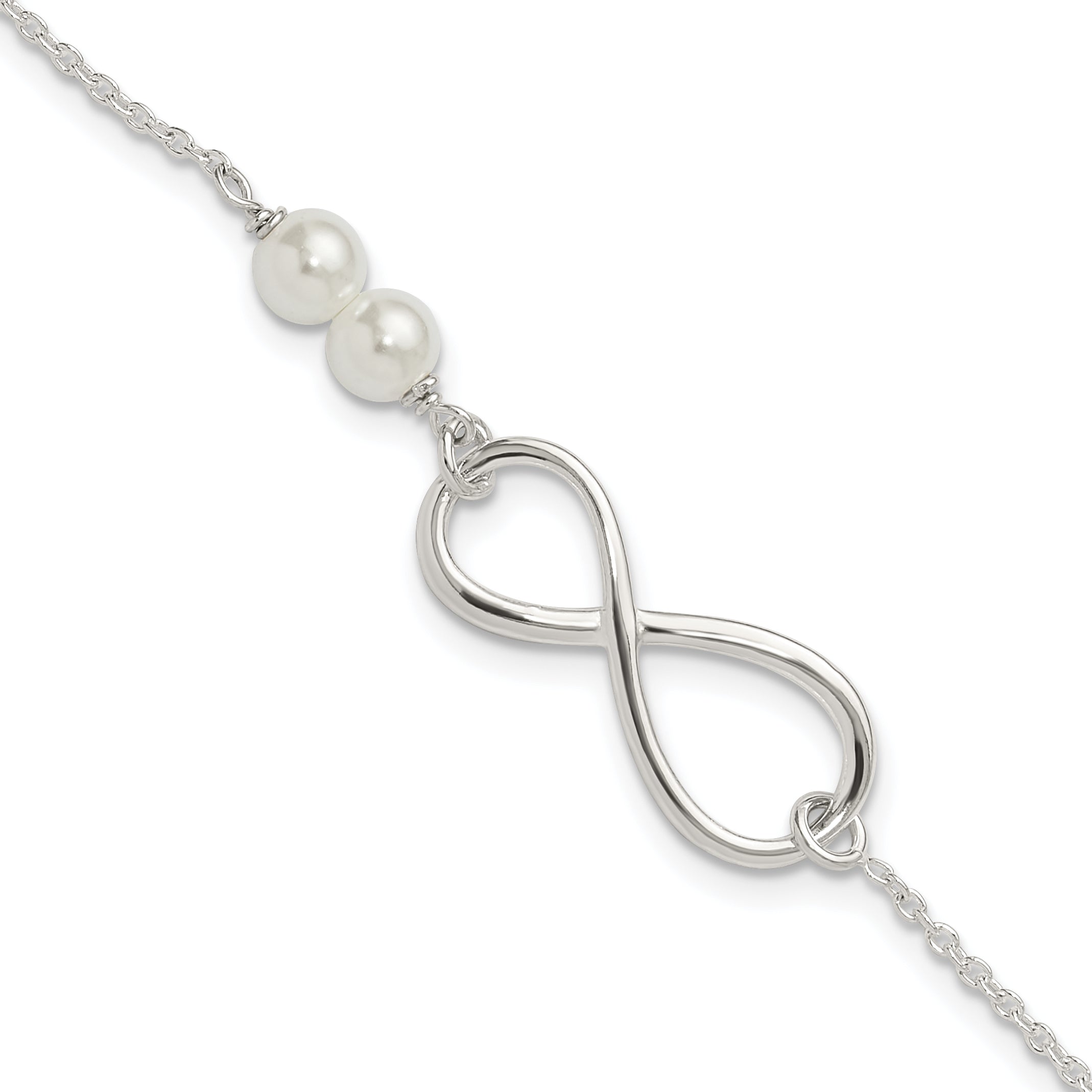 Sterling Silver Polished Simulated Pearls and Infinity with 1in ext Bracele