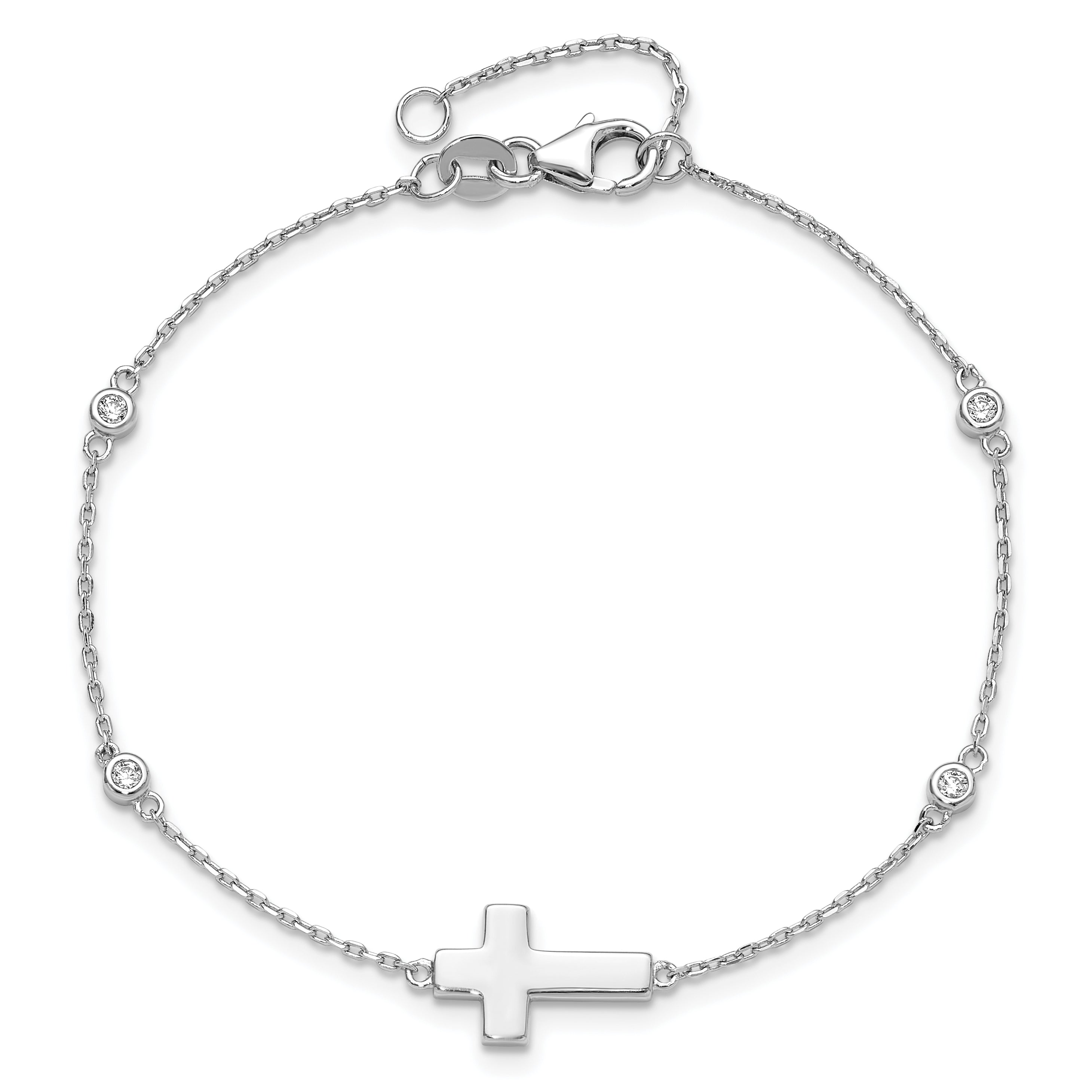 Sterling Silver Rhodium-plated CZ Sideways Cross 7in w/1in ext. Bracelet