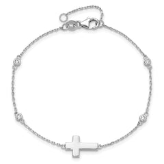 Sterling Silver Rhodium-plated CZ Sideways Cross 7in w/1in ext. Bracelet