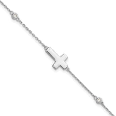 Sterling Silver Rhodium-plated CZ Sideways Cross 7in w/1in ext. Bracelet