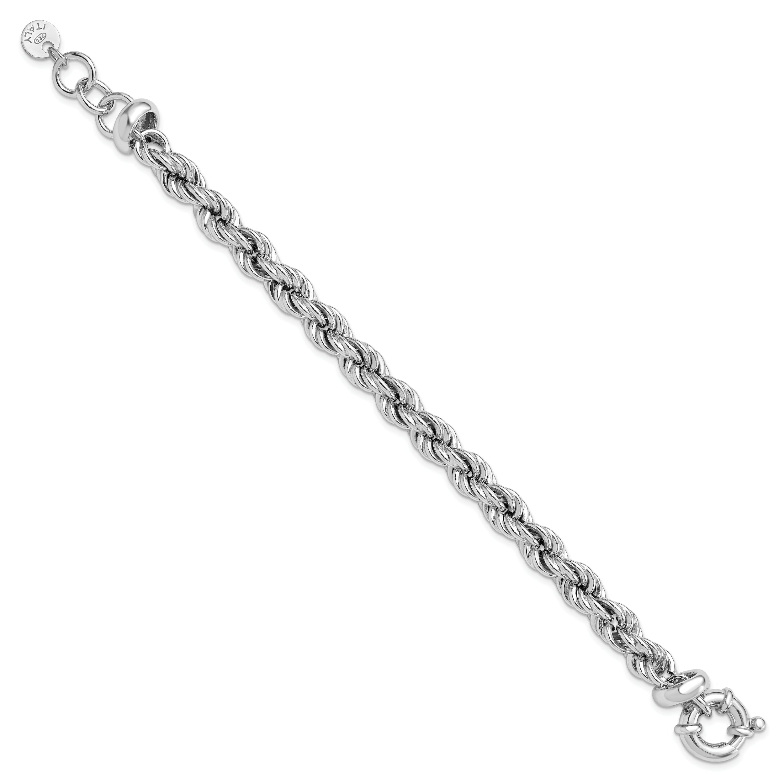 Sterling Silver Rhodium-plated Hollow Rope 7in w/.5in Ext. Bracelet