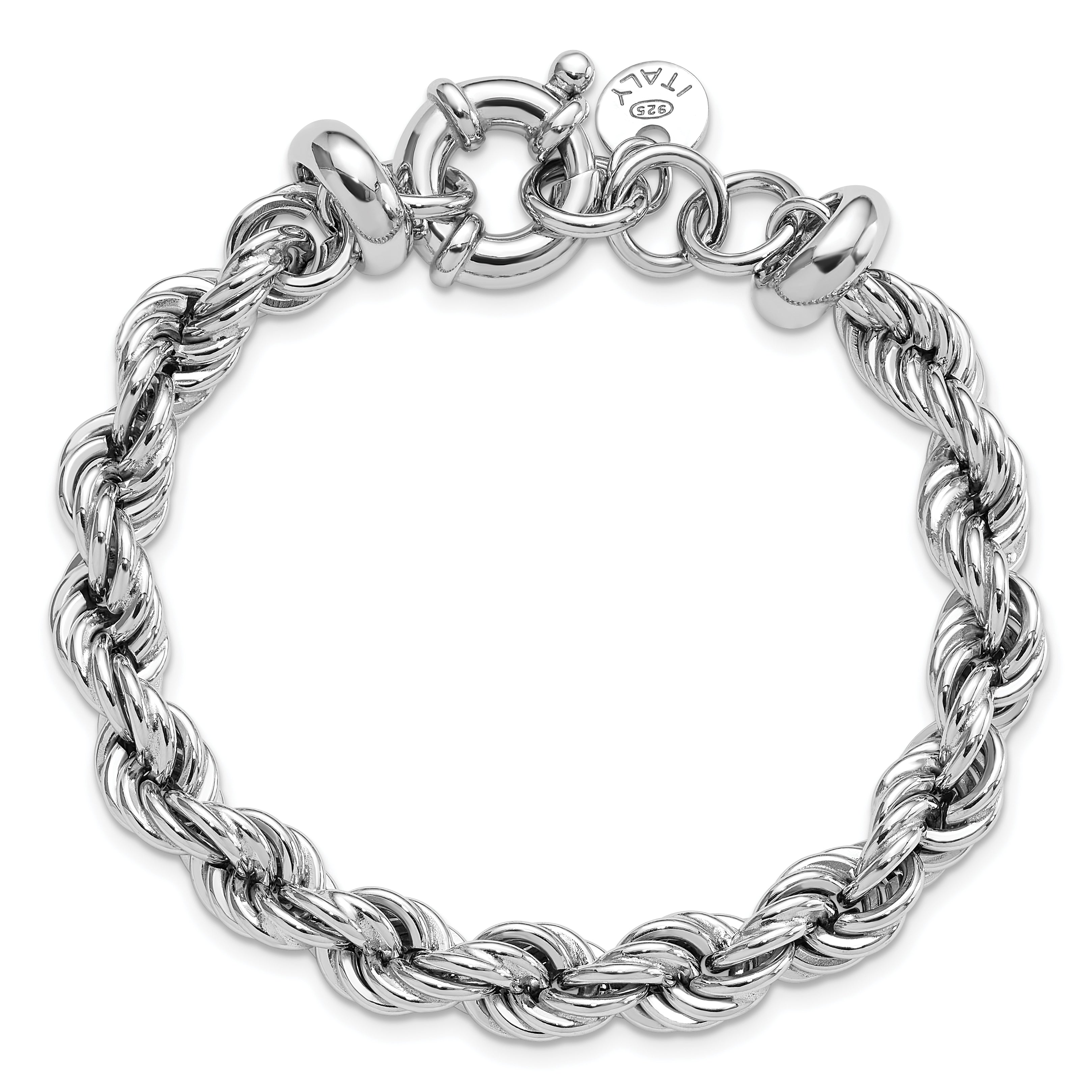 Sterling Silver Rhodium-plated Hollow Rope 7in w/.5in Ext. Bracelet