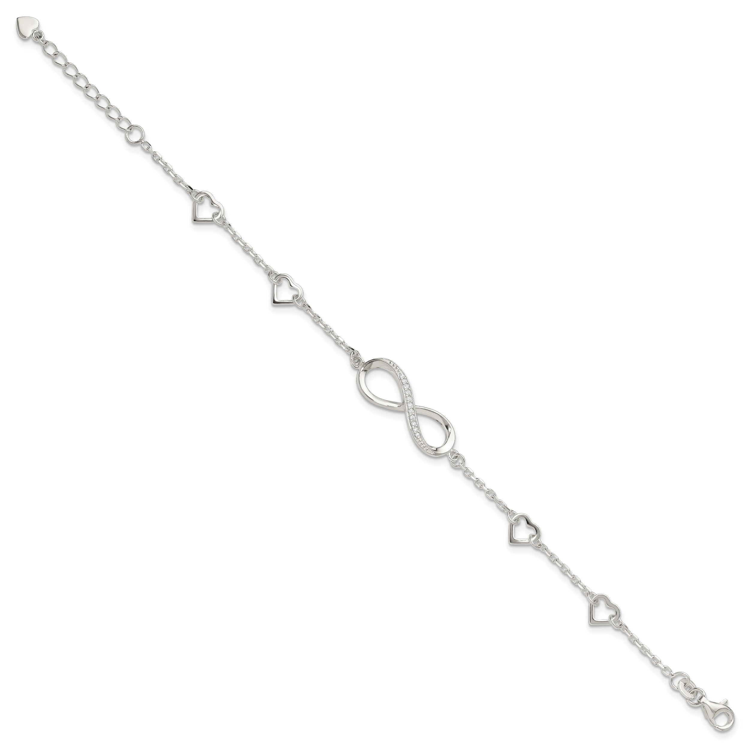 Sterling Silver Rhodium-plated CZ Infinity/Hearts 7in w/1in ext Bracelet