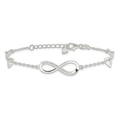 Sterling Silver Rhodium-plated CZ Infinity/Hearts 7in w/1in ext Bracelet