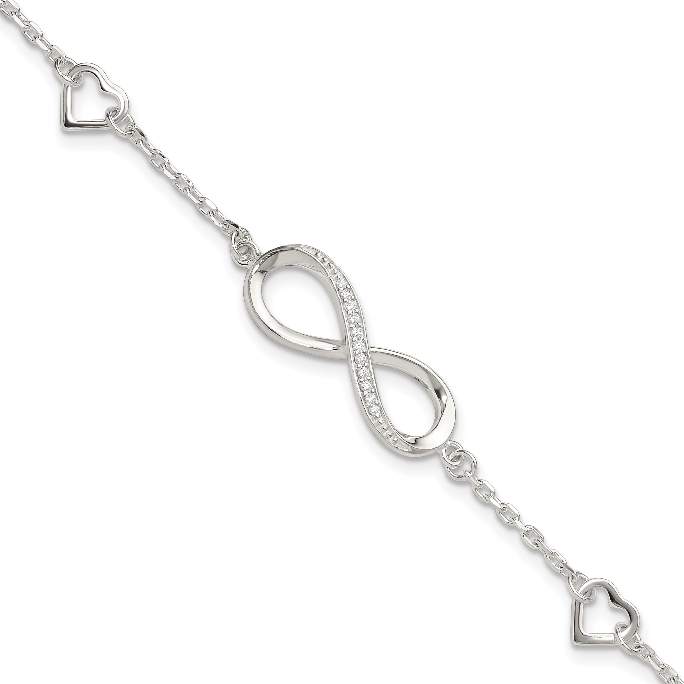 Sterling Silver Rhodium-plated CZ Infinity/Hearts 7in w/1in ext Bracelet