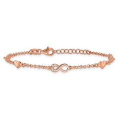 Sterling Silver Rose Gold-plated Heart CZ Infinity w/.5in ext. Bracelet