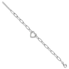 Sterling Silver Rhodium-plated Paperclip CZ Heart with 1in ext. Bracelet