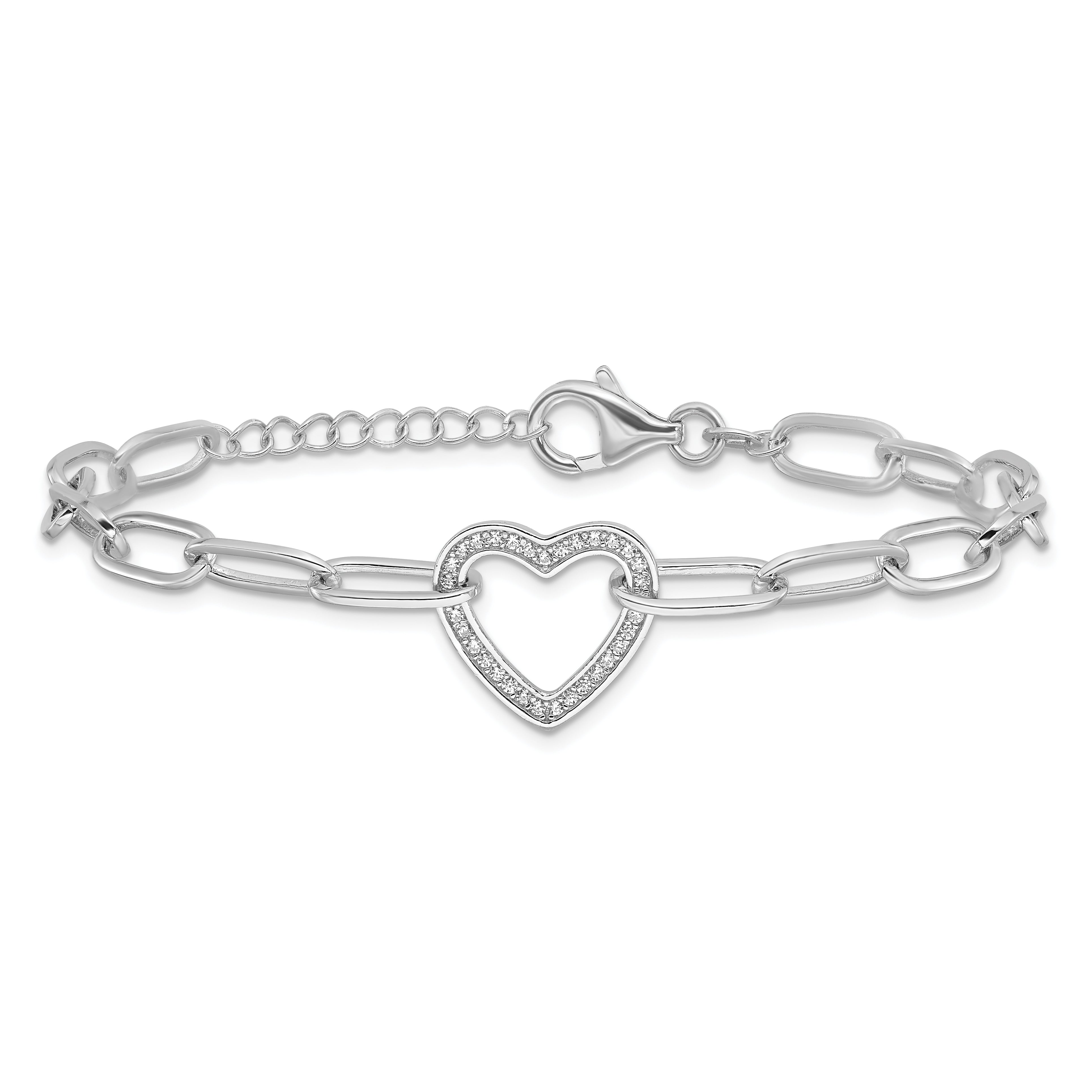 Sterling Silver Rhodium-plated Paperclip CZ Heart with 1in ext. Bracelet