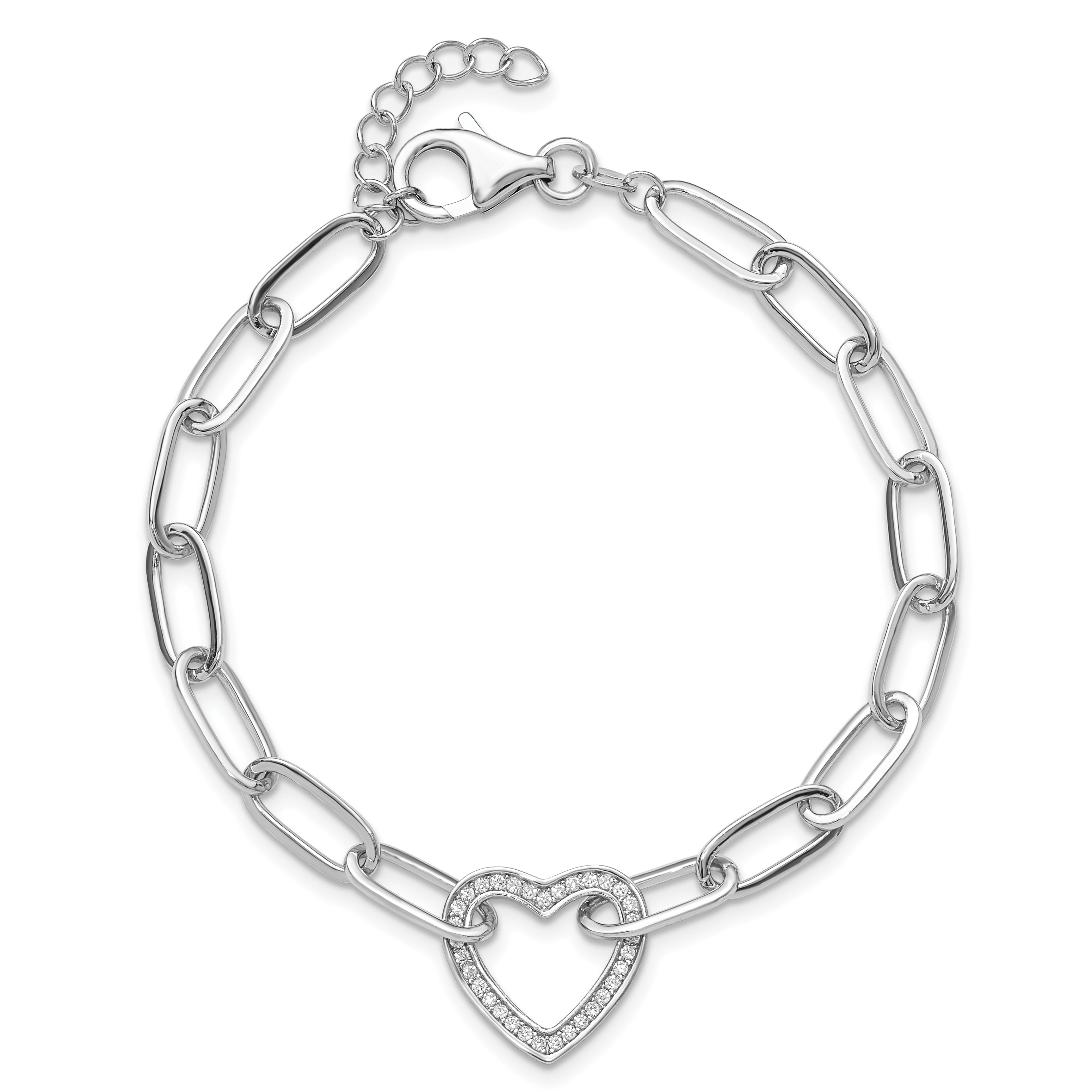 Sterling Silver Rhodium-plated Paperclip CZ Heart with 1in ext. Bracelet