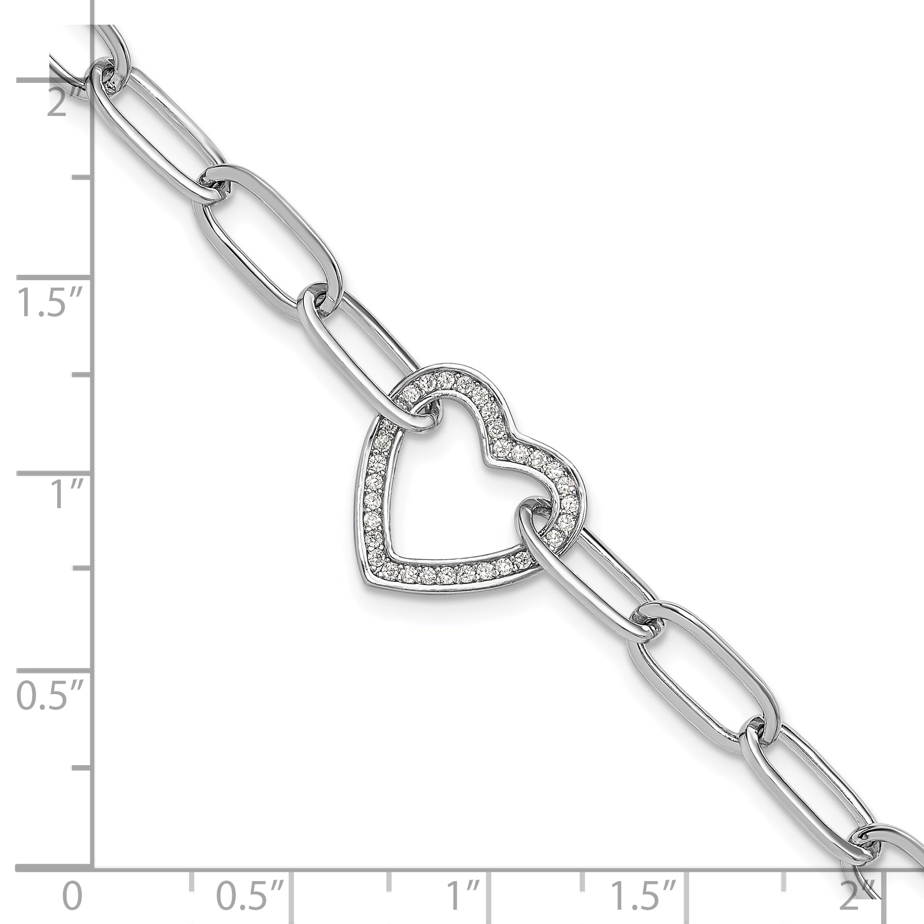 Sterling Silver Rhodium-plated Paperclip CZ Heart with 1in ext. Bracelet