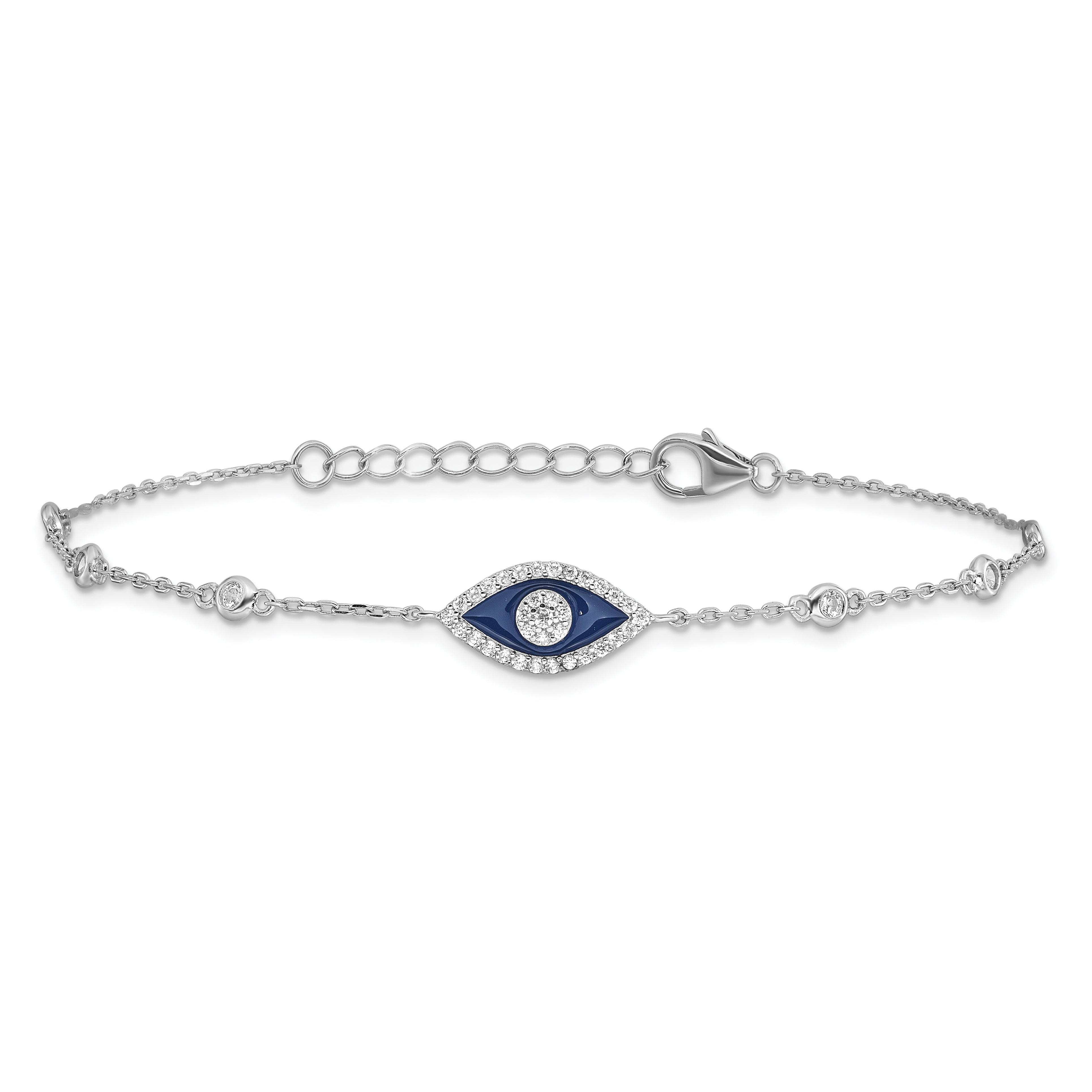 Sterling Silver RH-plated CZ Enamel Evil Eye 7in w/1in ext. Bracelet