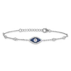 Sterling Silver RH-plated CZ Enamel Evil Eye 7in w/1in ext. Bracelet