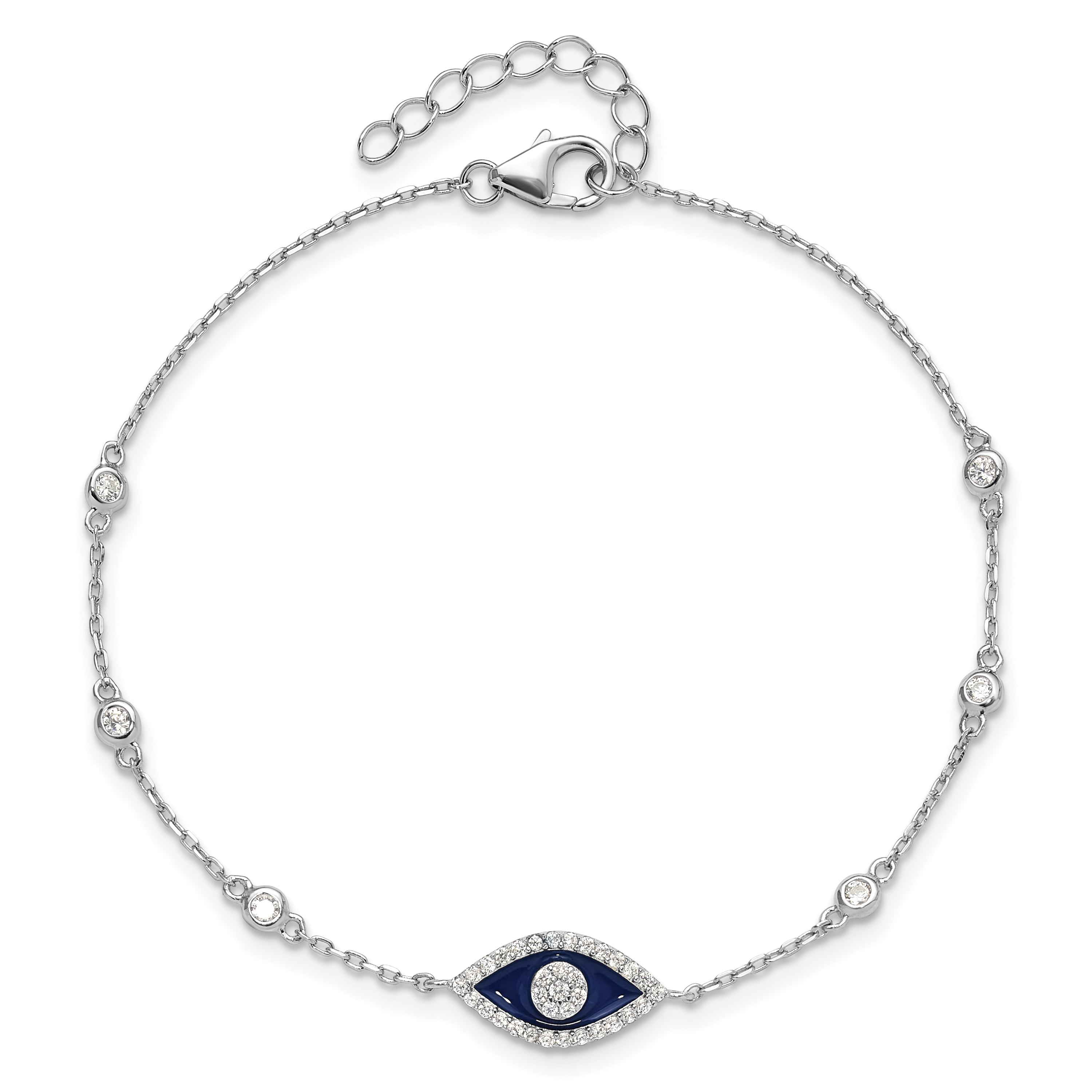 Sterling Silver RH-plated CZ Enamel Evil Eye 7in w/1in ext. Bracelet