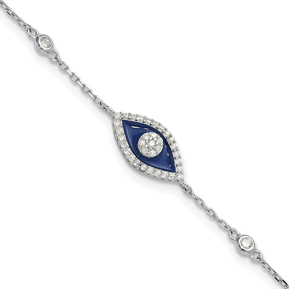 Sterling Silver RH-plated CZ Enamel Evil Eye 7in w/1in ext. Bracelet