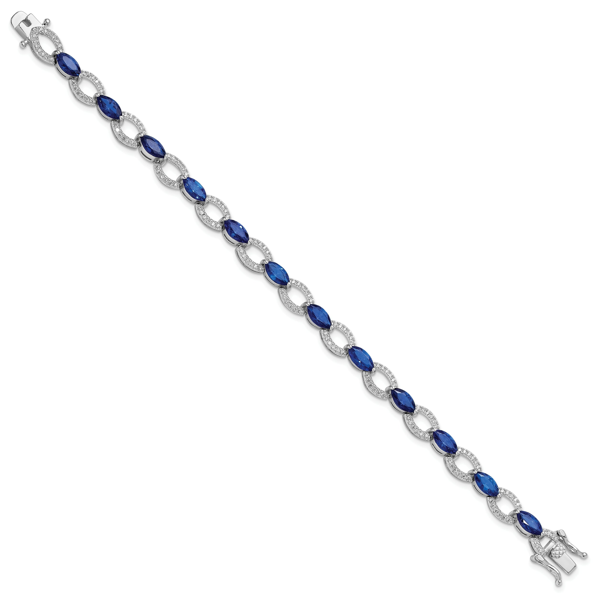 Sterling Silver Rhodium-plated White and Blue CZ Link Bracelet