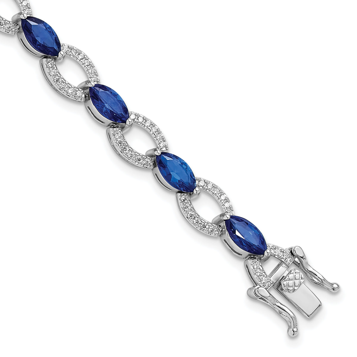 Sterling Silver Rhodium-plated White and Blue CZ Link Bracelet