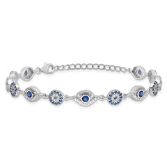 Sterling Silver RH-plated Blue White CZ Evil Eye 7.25in w/1.5in ext. Bracel