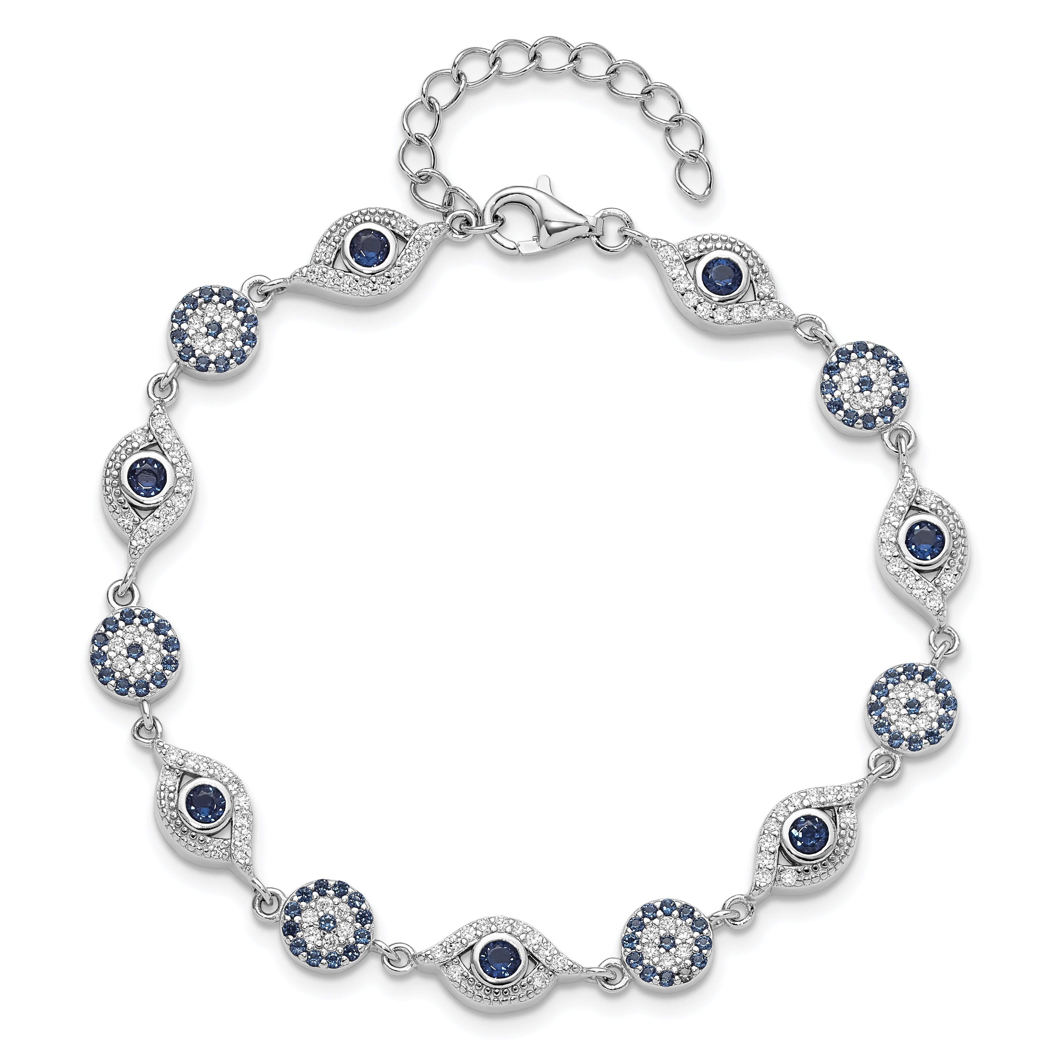 Sterling Silver RH-plated Blue White CZ Evil Eye 7.25in w/1.5in ext. Bracel