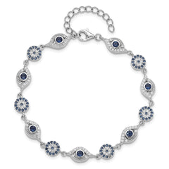 Sterling Silver RH-plated Blue White CZ Evil Eye 7.25in w/1.5in ext. Bracel