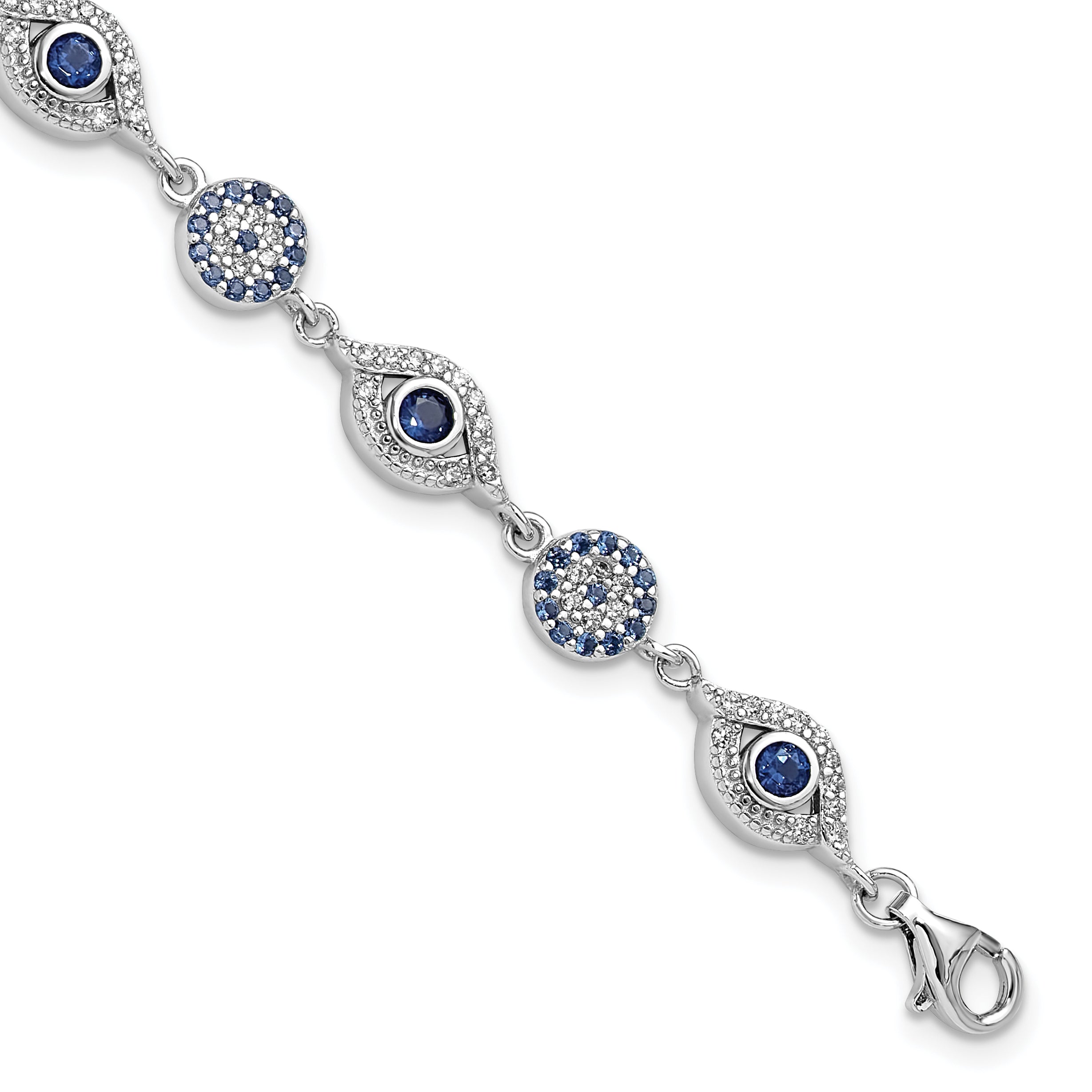 Sterling Silver RH-plated Blue White CZ Evil Eye 7.25in w/1.5in ext. Bracel