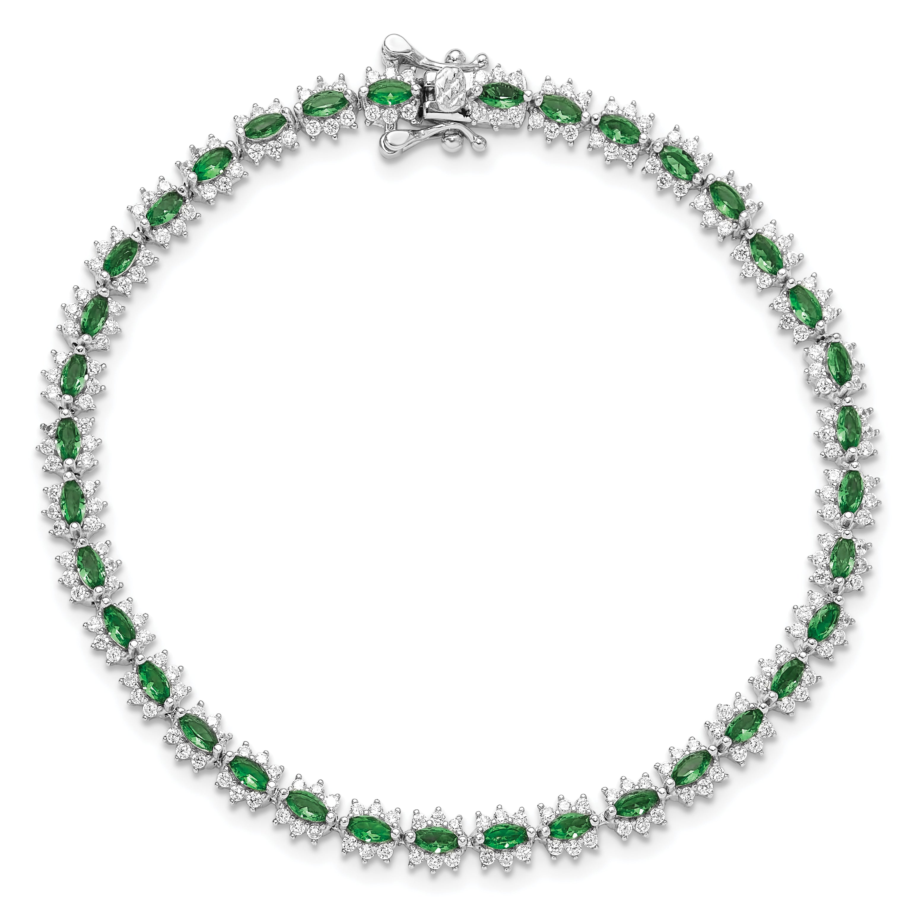 Sterling Silver Rhodium-plated with Green and White CZ 7.5in Bracelet