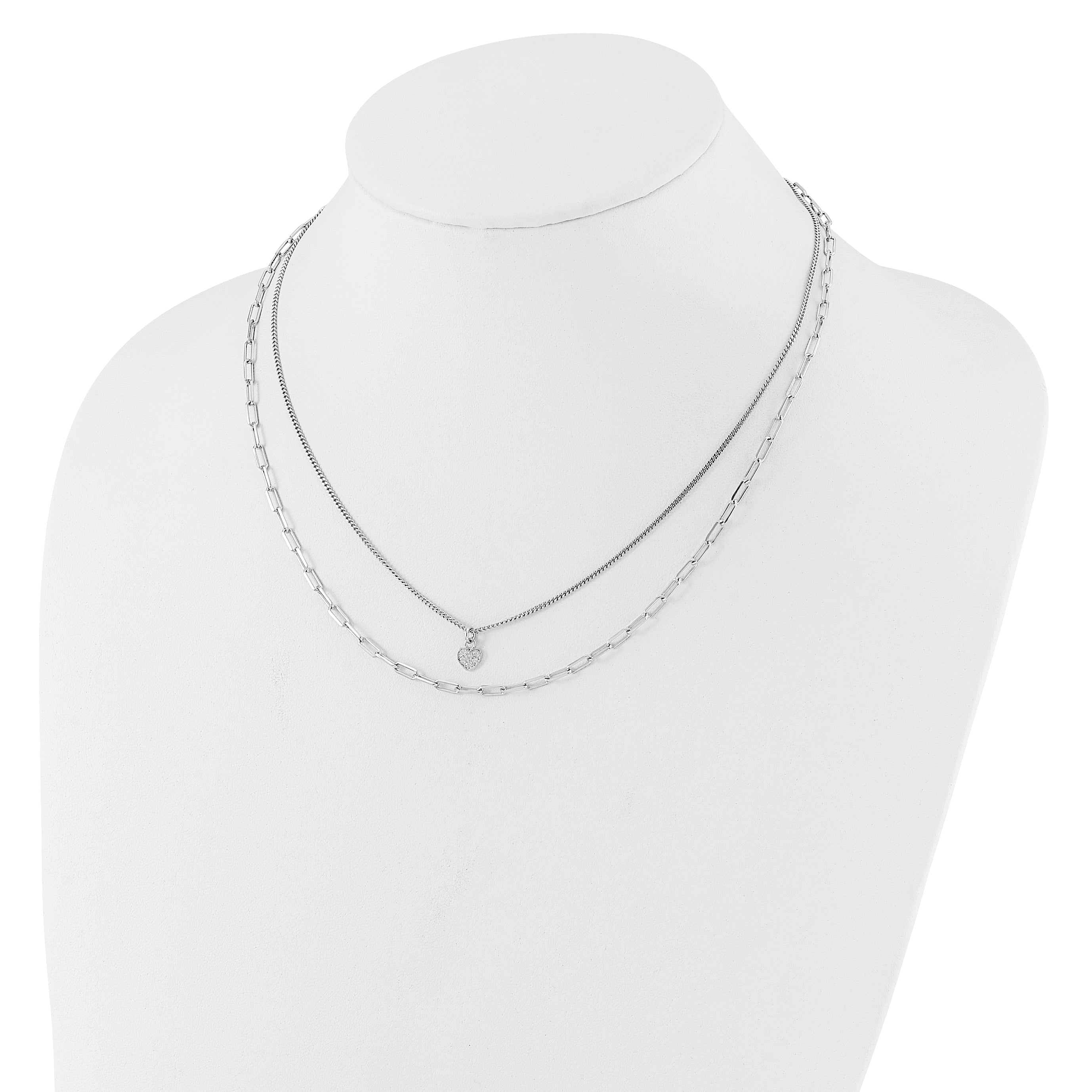 Sterling Silver Rhodium-plated CZ Heart 17in w/2in ext. Necklace