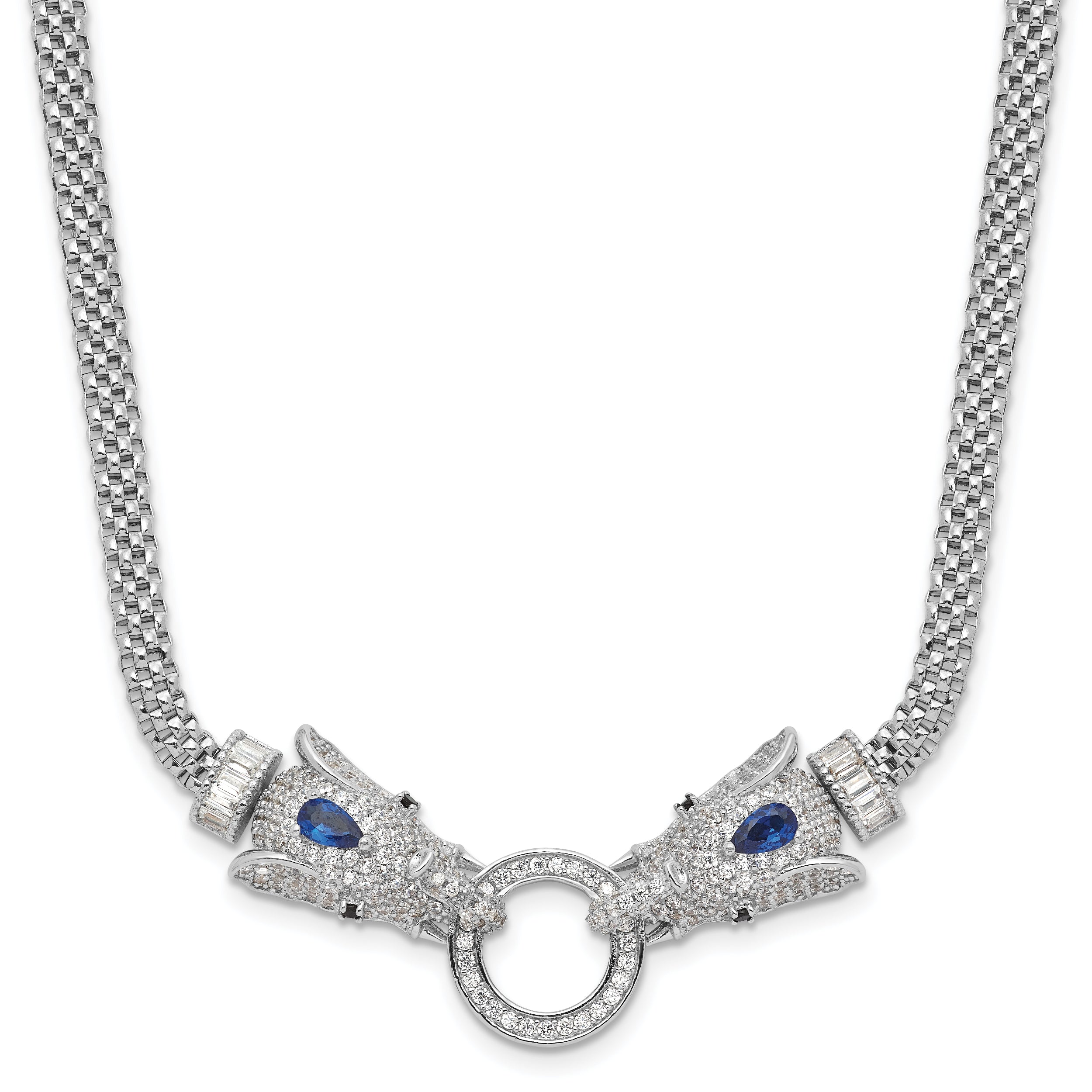 Sterling Silver Rhodium-plated Blue and Clear CZ Elephant Head Necklace