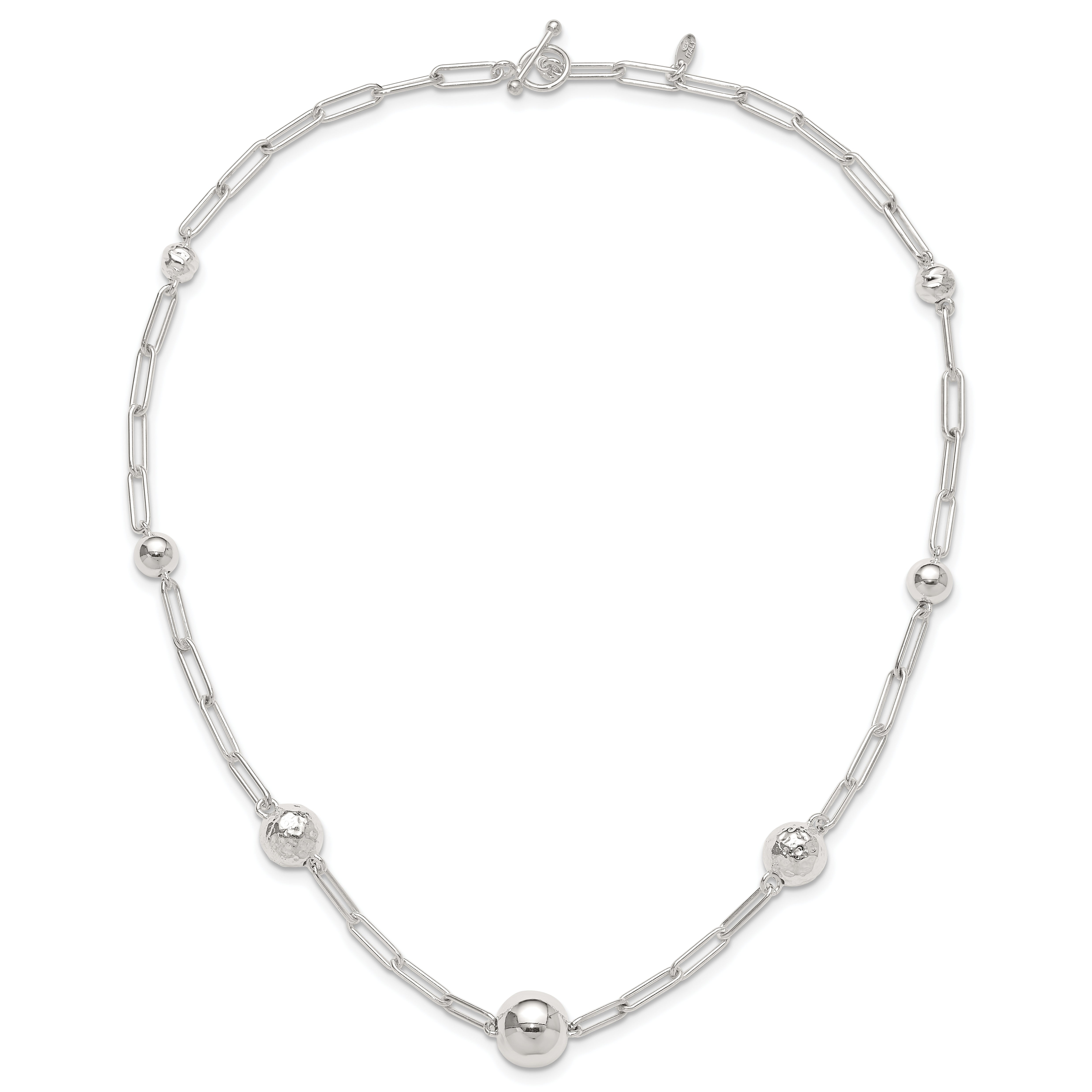 Sterling Silver Polished and Textured Beaded Link Toggle Necklace