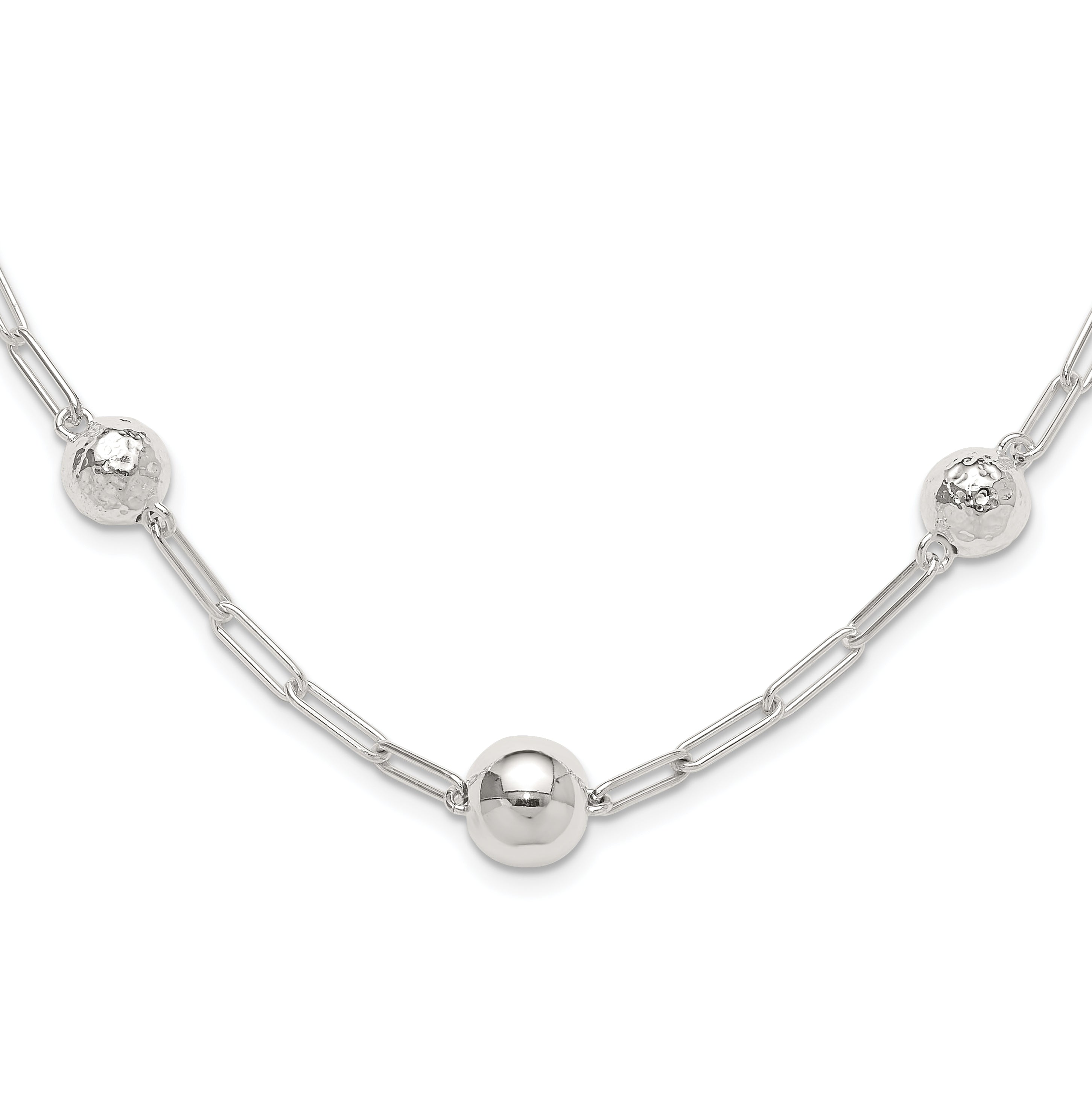 Sterling Silver Polished and Textured Beaded Link Toggle Necklace