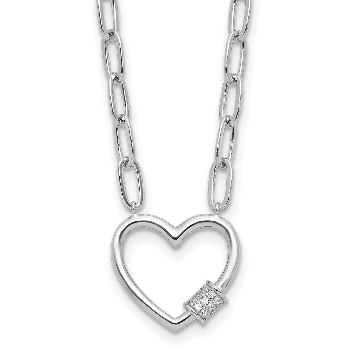 Sterling Silver RH-plated CZ Heart Paperclip Link 16in w/2in ext Necklace