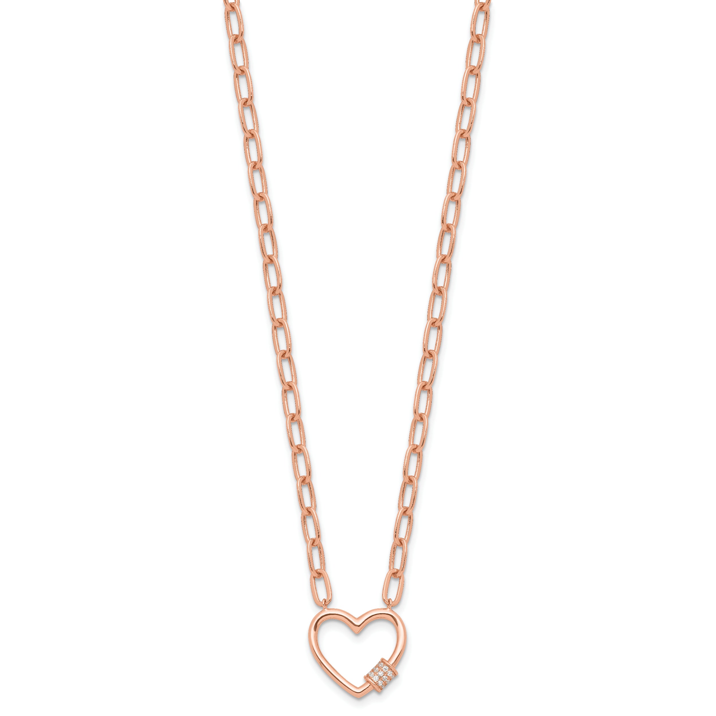 Sterling Silver Rose-tone CZ Heart Paper Clip with 2in ext. Necklace