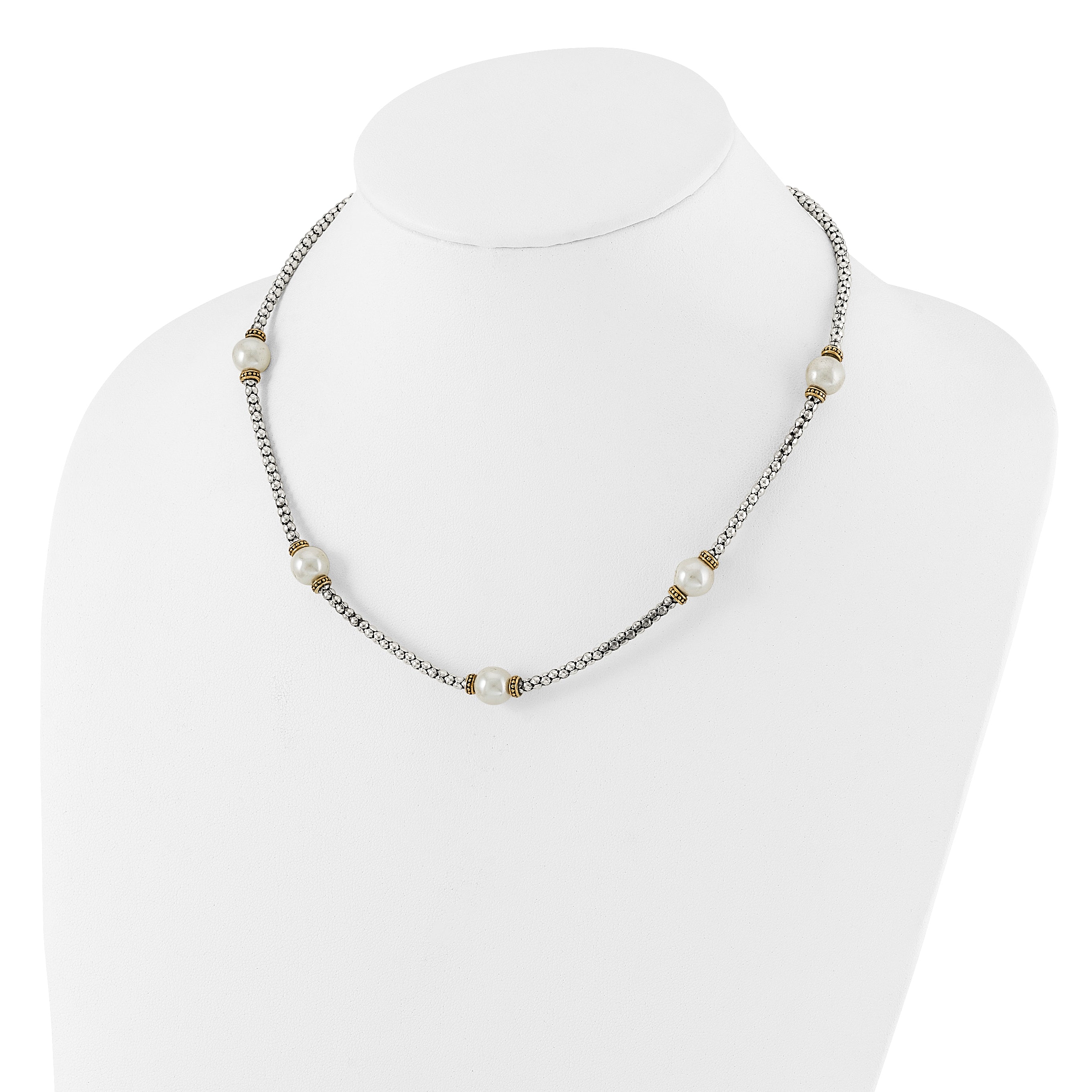 Sterling Silver and Gold-tone Synthetic Pearl 18in Necklace