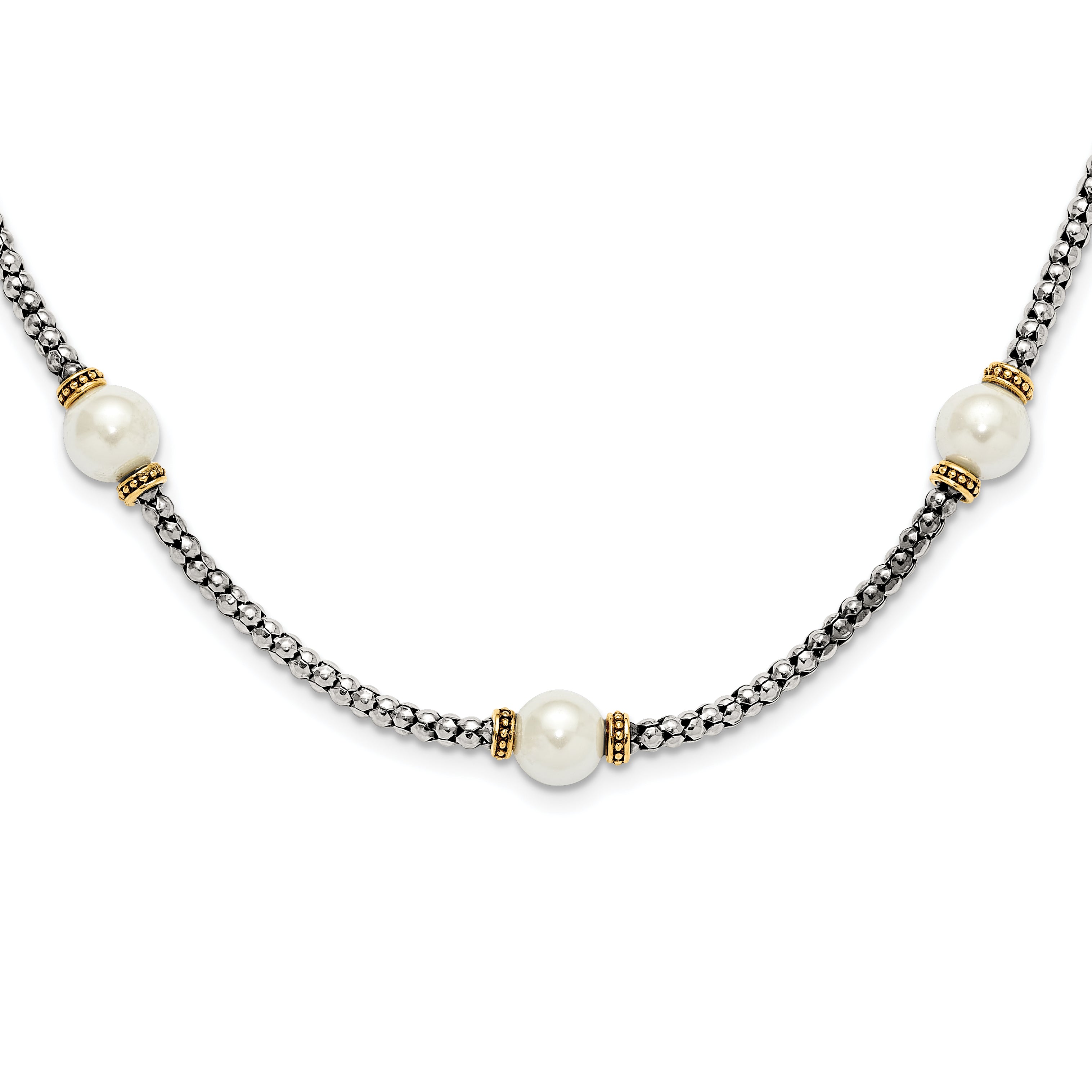 Sterling Silver and Gold-tone Synthetic Pearl 18in Necklace