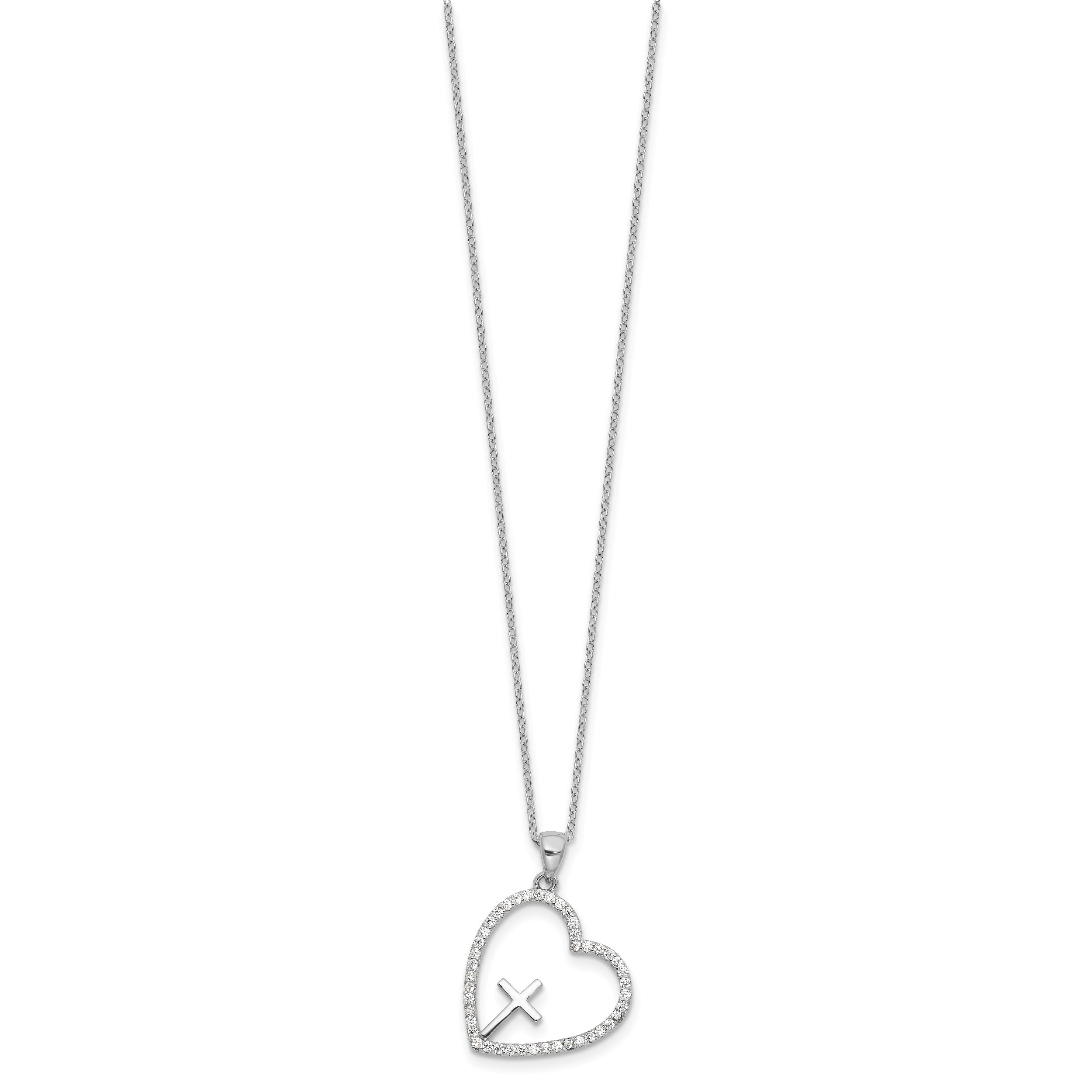 Sterling Silver Rhodium-plated CZ Open Heart with Cross 18in Necklace