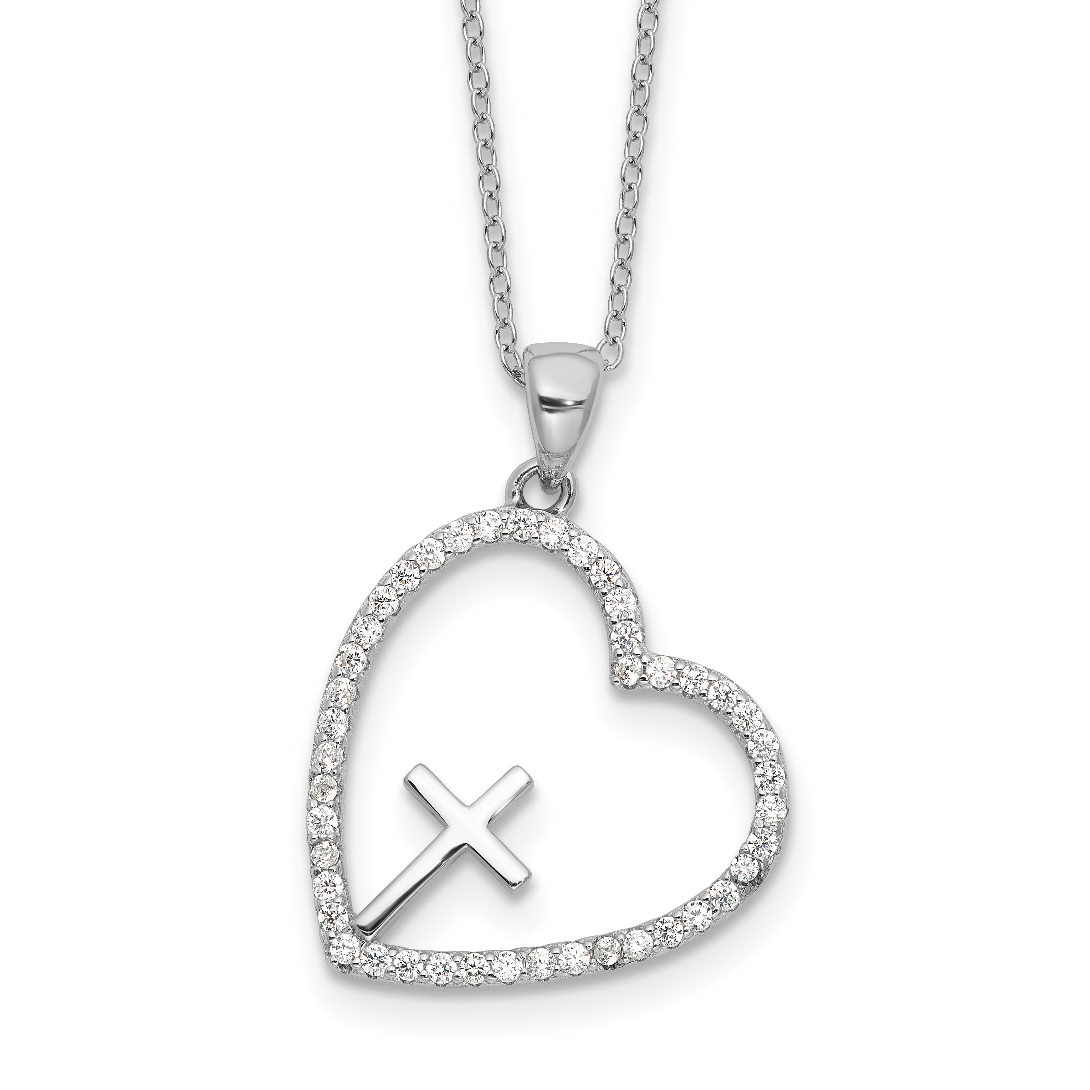 Sterling Silver Rhodium-plated CZ Open Heart with Cross 18in Necklace