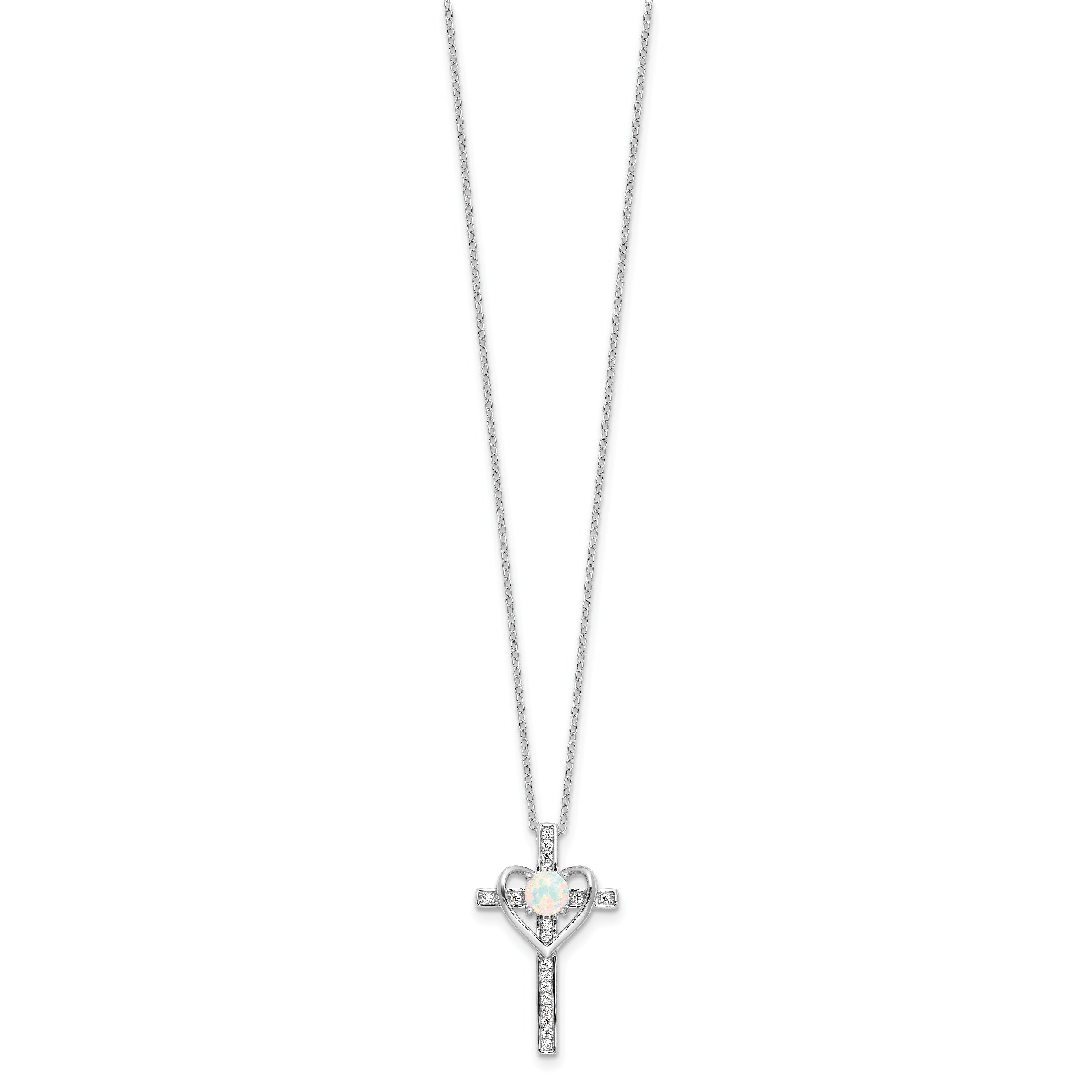 Sterling Silver RH-plated Created Opal and CZ Cross w/Heart 18in Necklace