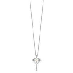 Sterling Silver RH-plated Created Opal and CZ Cross w/Heart 18in Necklace